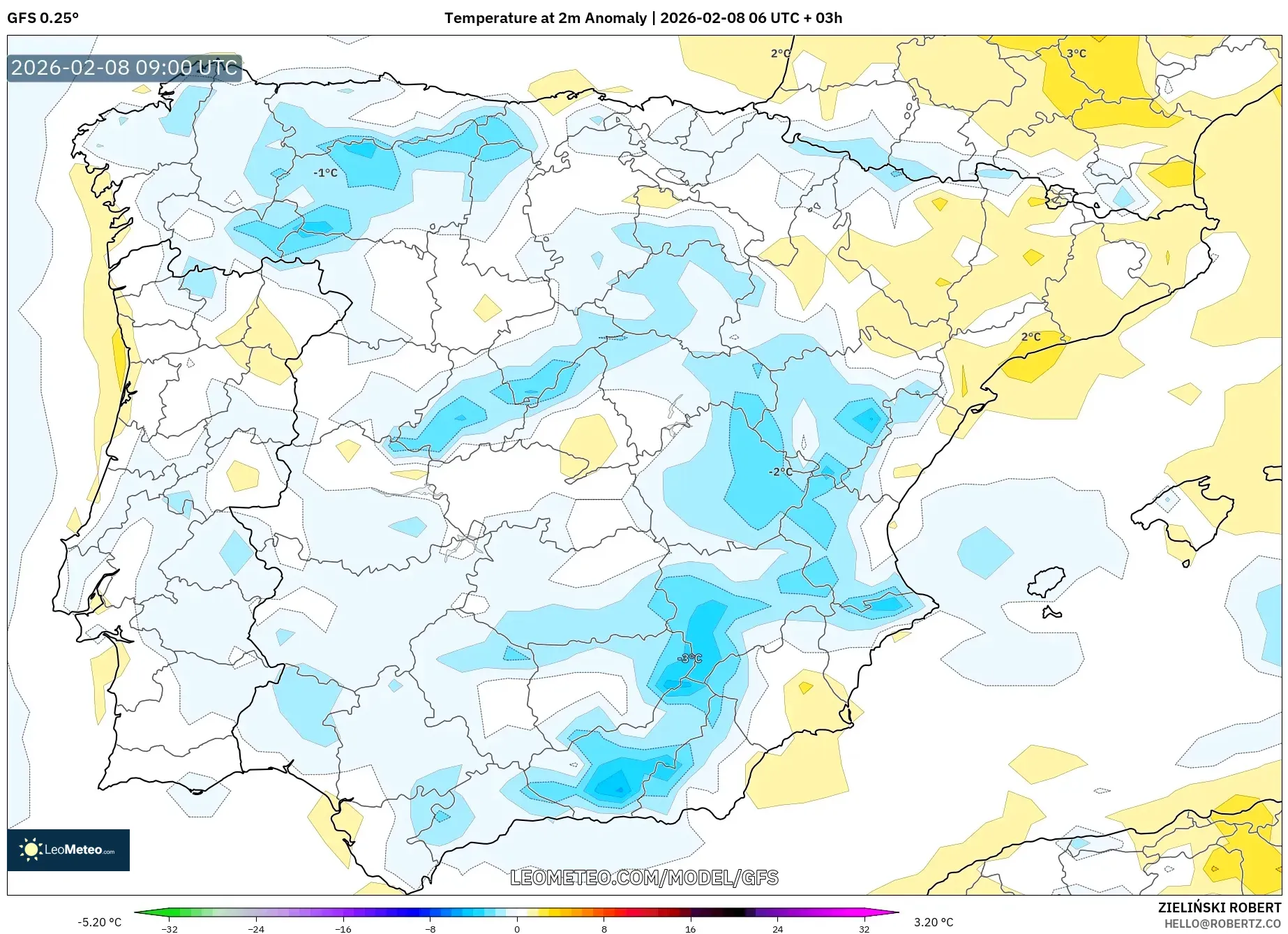 GFS model - Spain, Temperature at 2m Anomaly