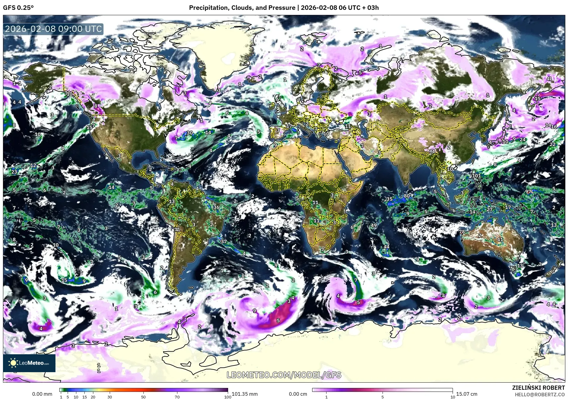 GFS model - World, Precipitation, Clouds, and Pressure