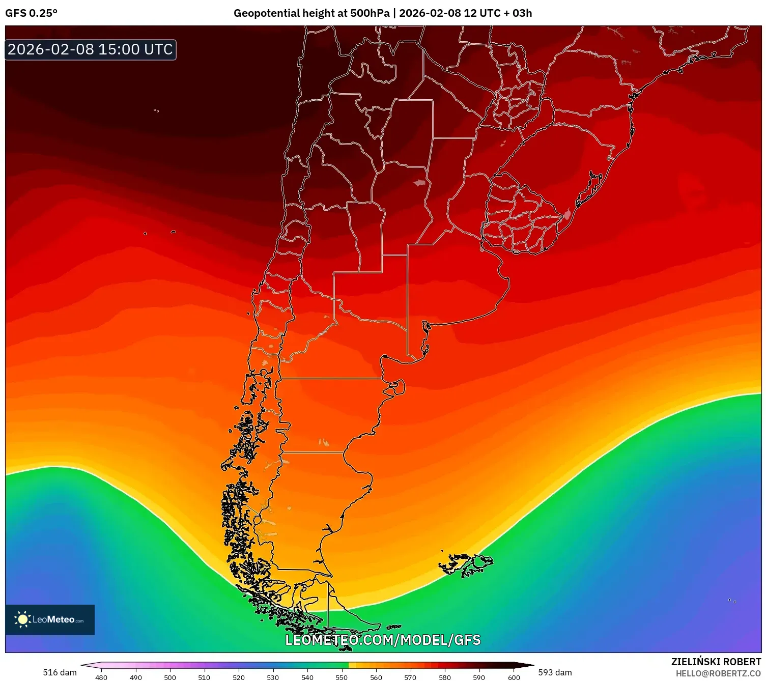 GFS model - Argentina, Geopotential height at 500hPa