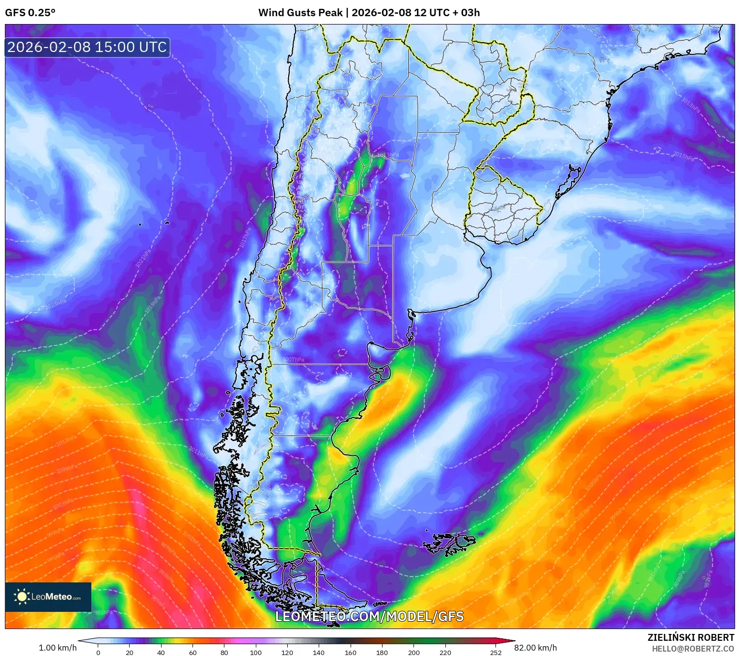 GFS model - Argentina, Wind Gusts Peak