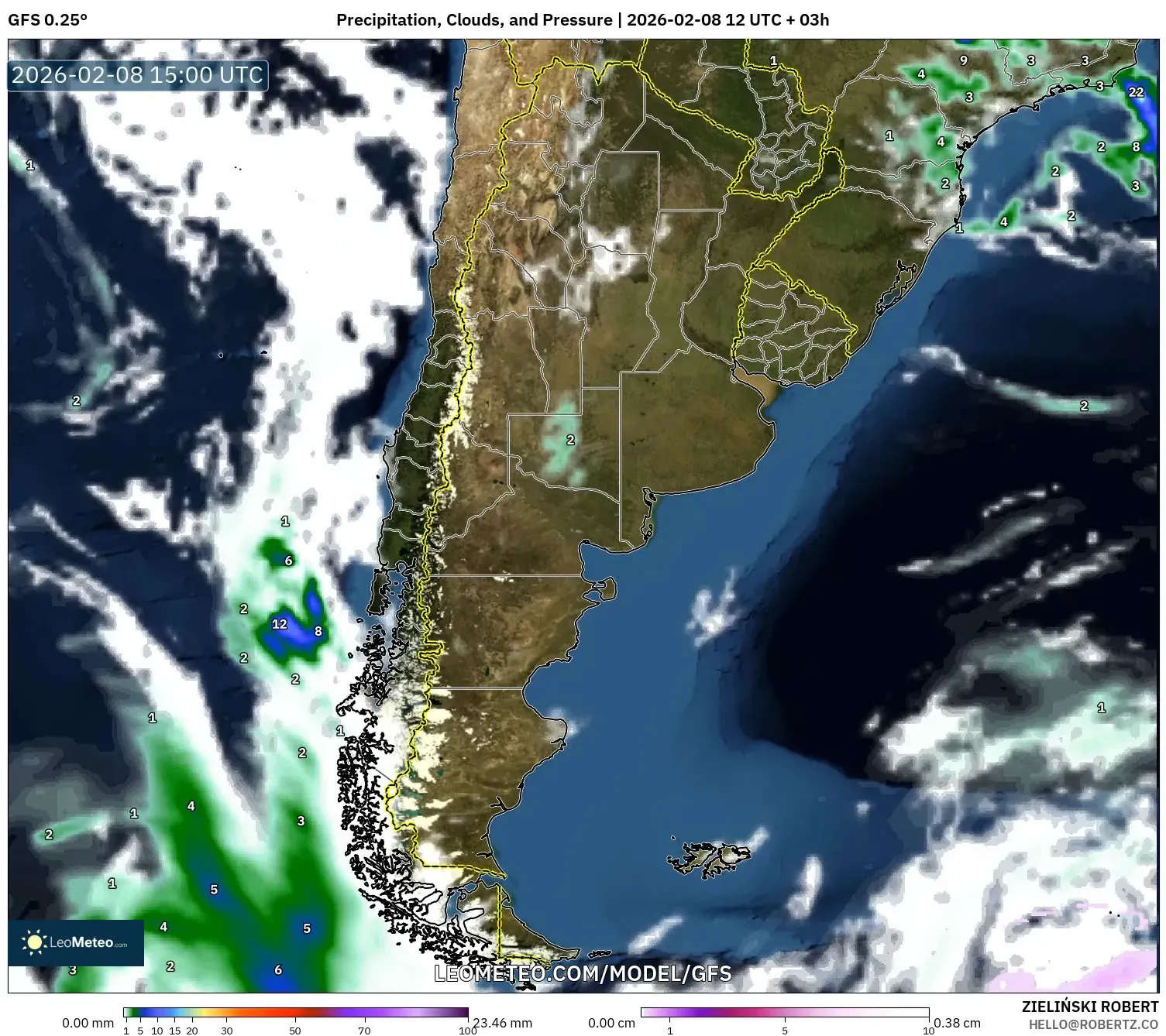 GFS model - Argentina, Precipitation, Clouds, and Pressure