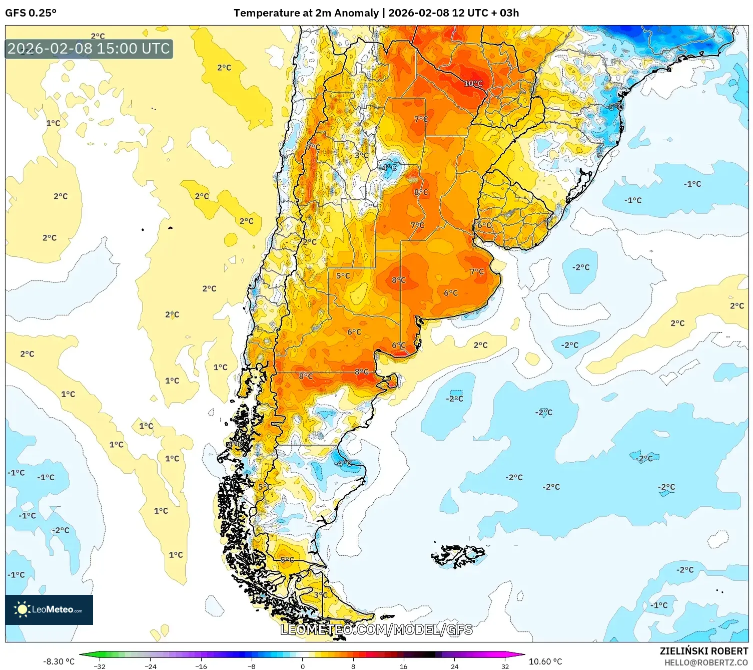 GFS model - Argentina, Temperature at 2m Anomaly