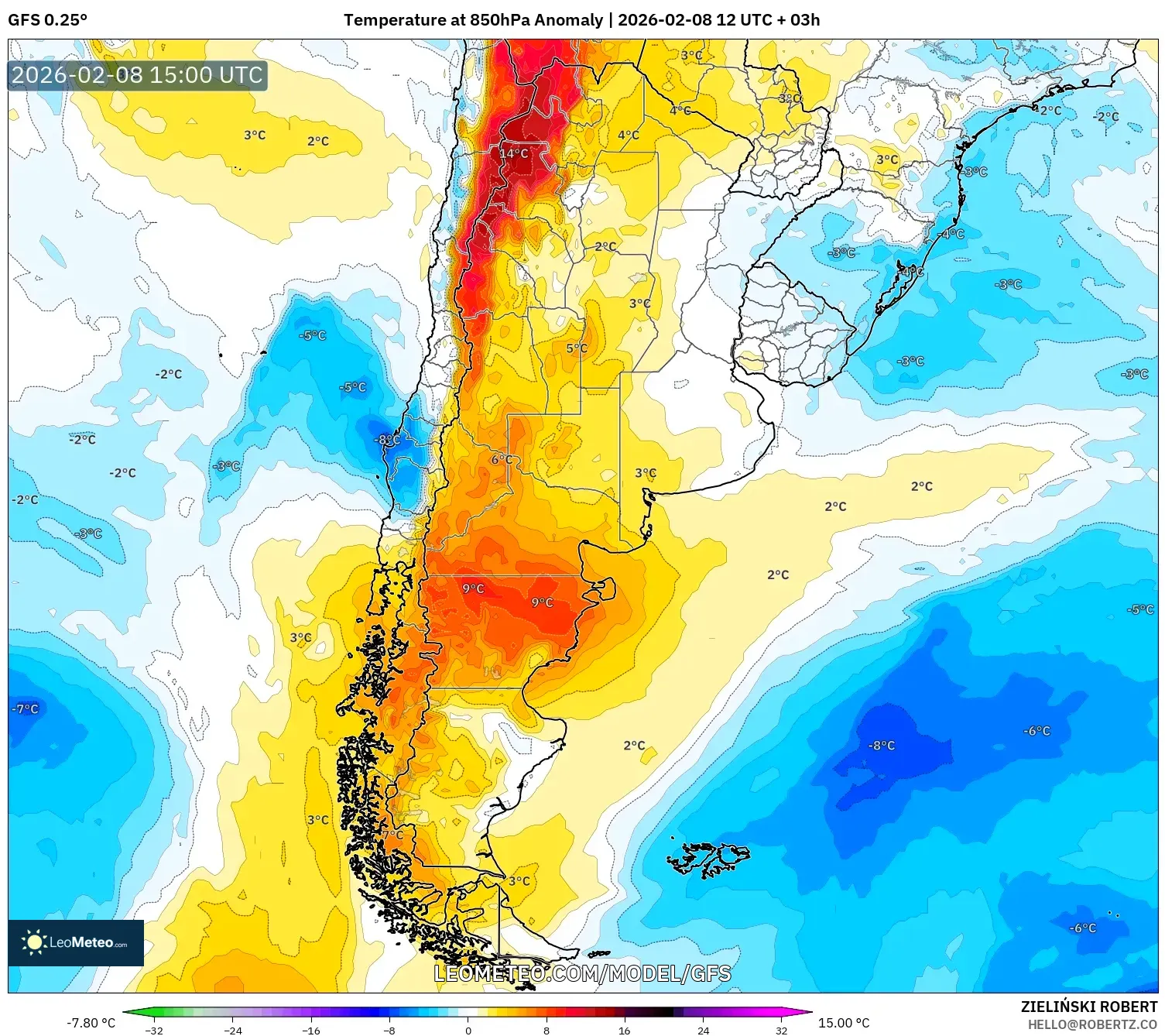 GFS model - Argentina, Temperature at 850hPa Anomaly