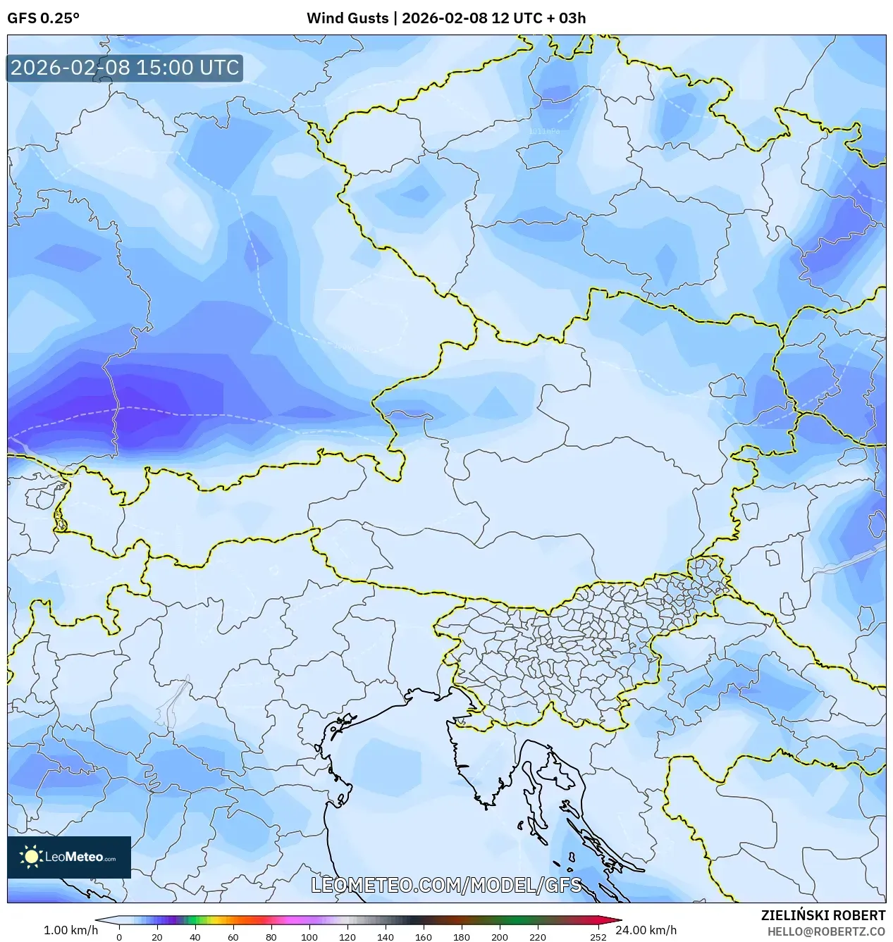 GFS model - Austria, Wind Gusts