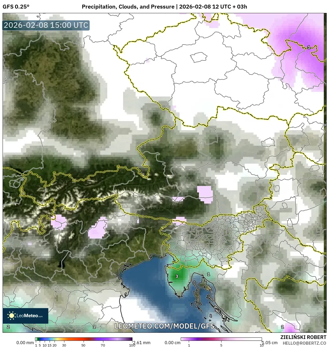 GFS model - Austria, Precipitation, Clouds, and Pressure