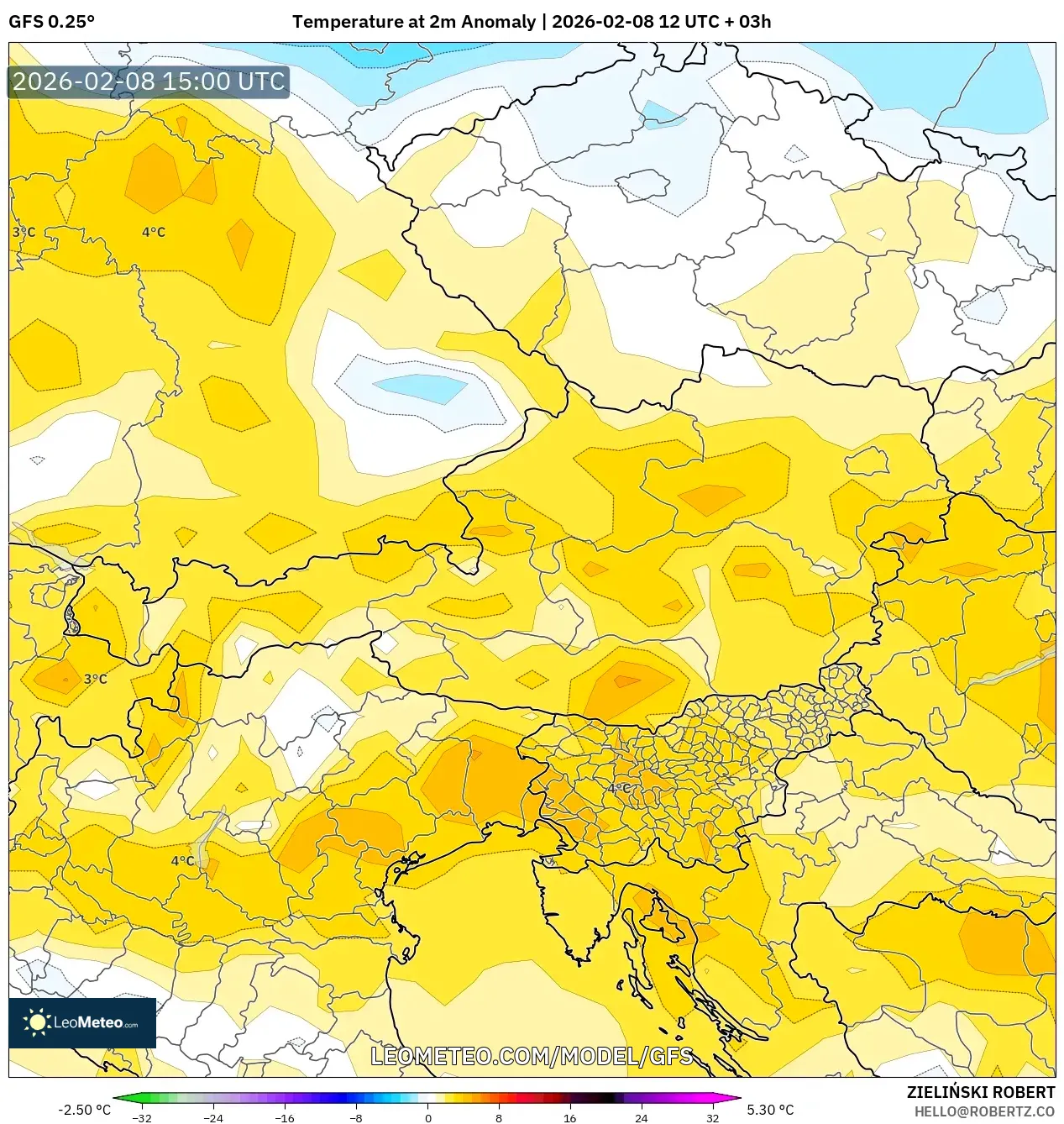 GFS model - Austria, Temperature at 2m Anomaly
