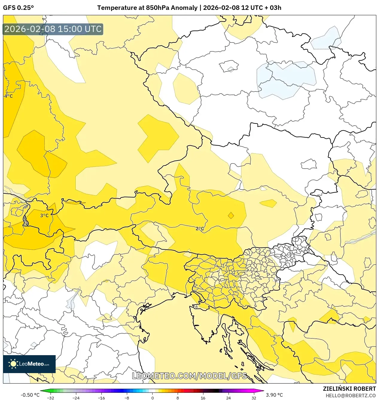 GFS model - Austria, Temperature at 850hPa Anomaly