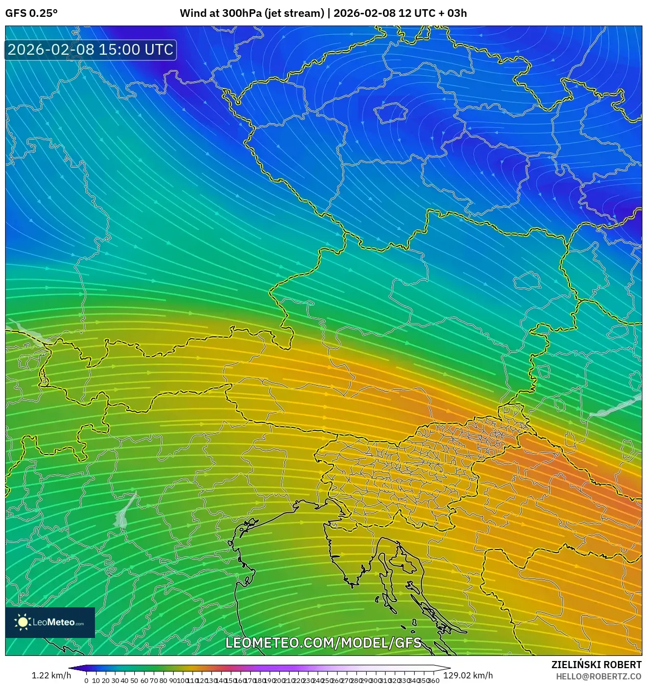 GFS model - Austria, Wind at 300hPa (jet stream)