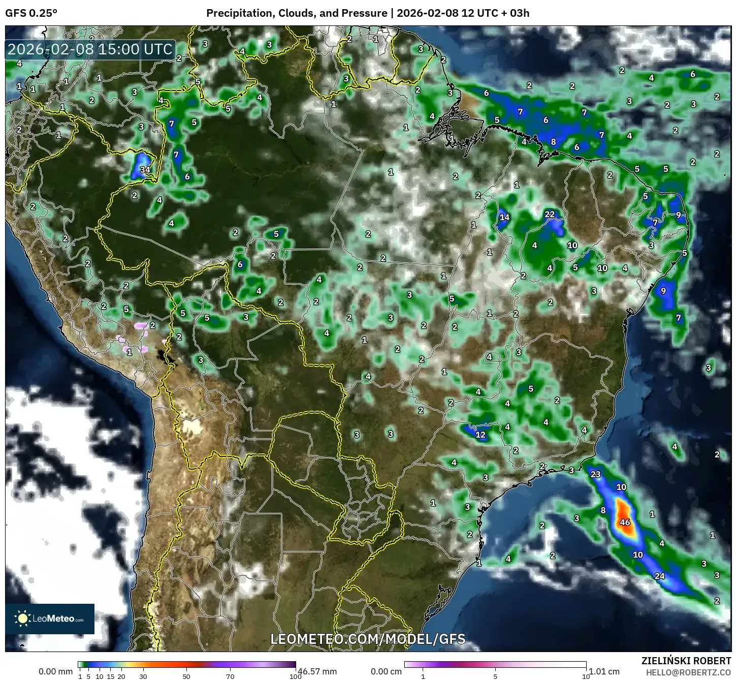 GFS model - Brazil, Precipitation, Clouds, and Pressure