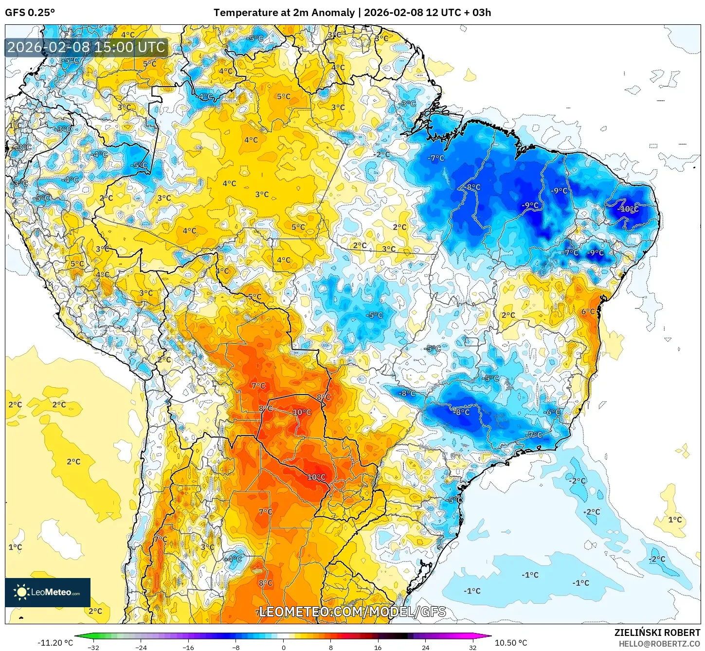 GFS model - Brazil, Temperature at 2m Anomaly
