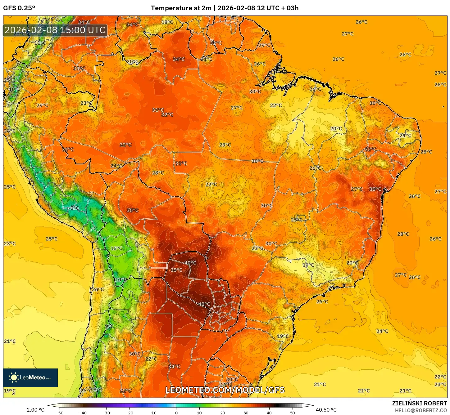 GFS model - Brazil, Temperature at 2m
