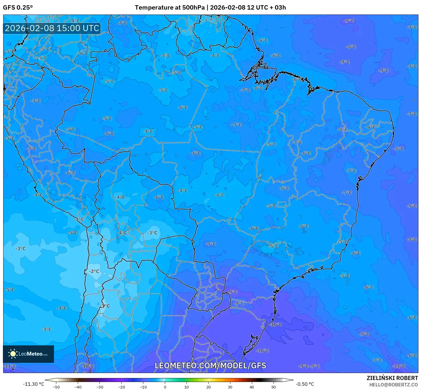 GFS model - Brazil, Temperature at 500hPa