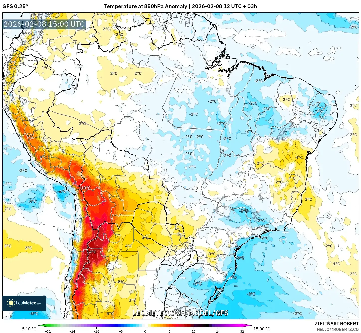 GFS model - Brazil, Temperature at 850hPa Anomaly