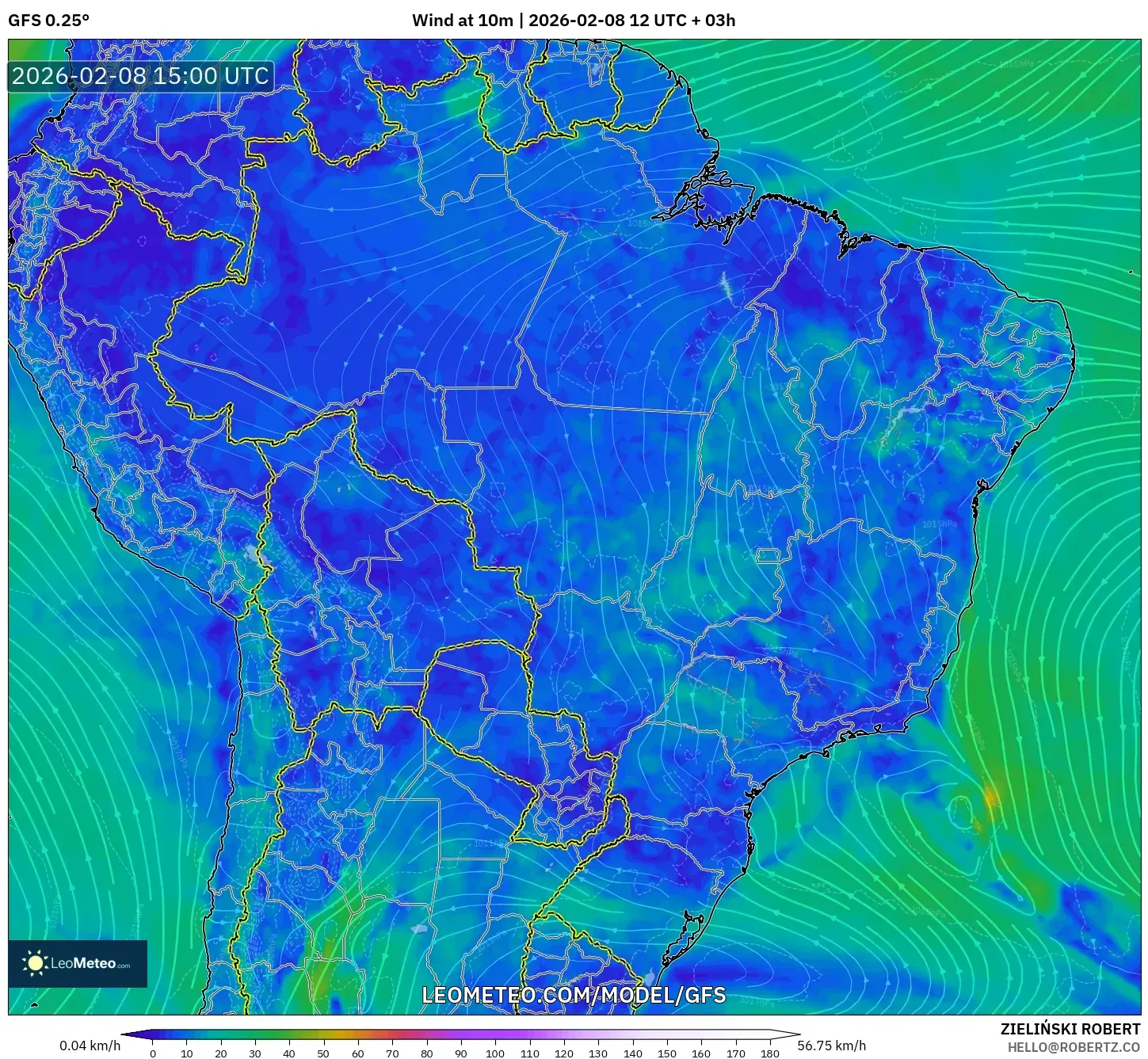 GFS model - Brazil, Wind at 10m