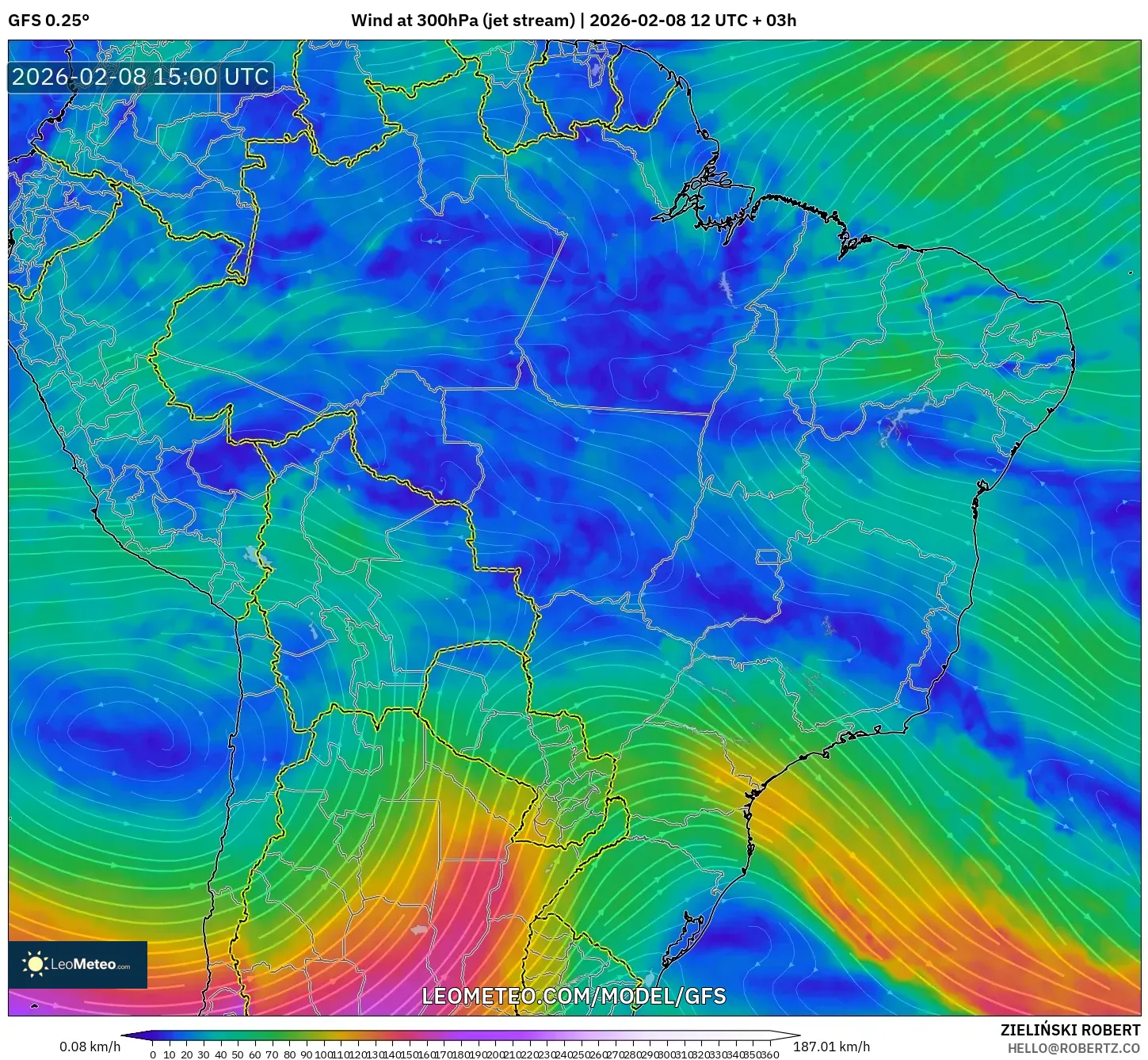 GFS model - Brazil, Wind at 300hPa (jet stream)