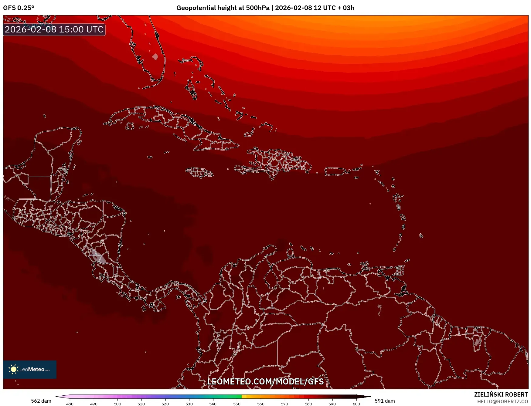 GFS model - Caribbean, Geopotential height at 500hPa