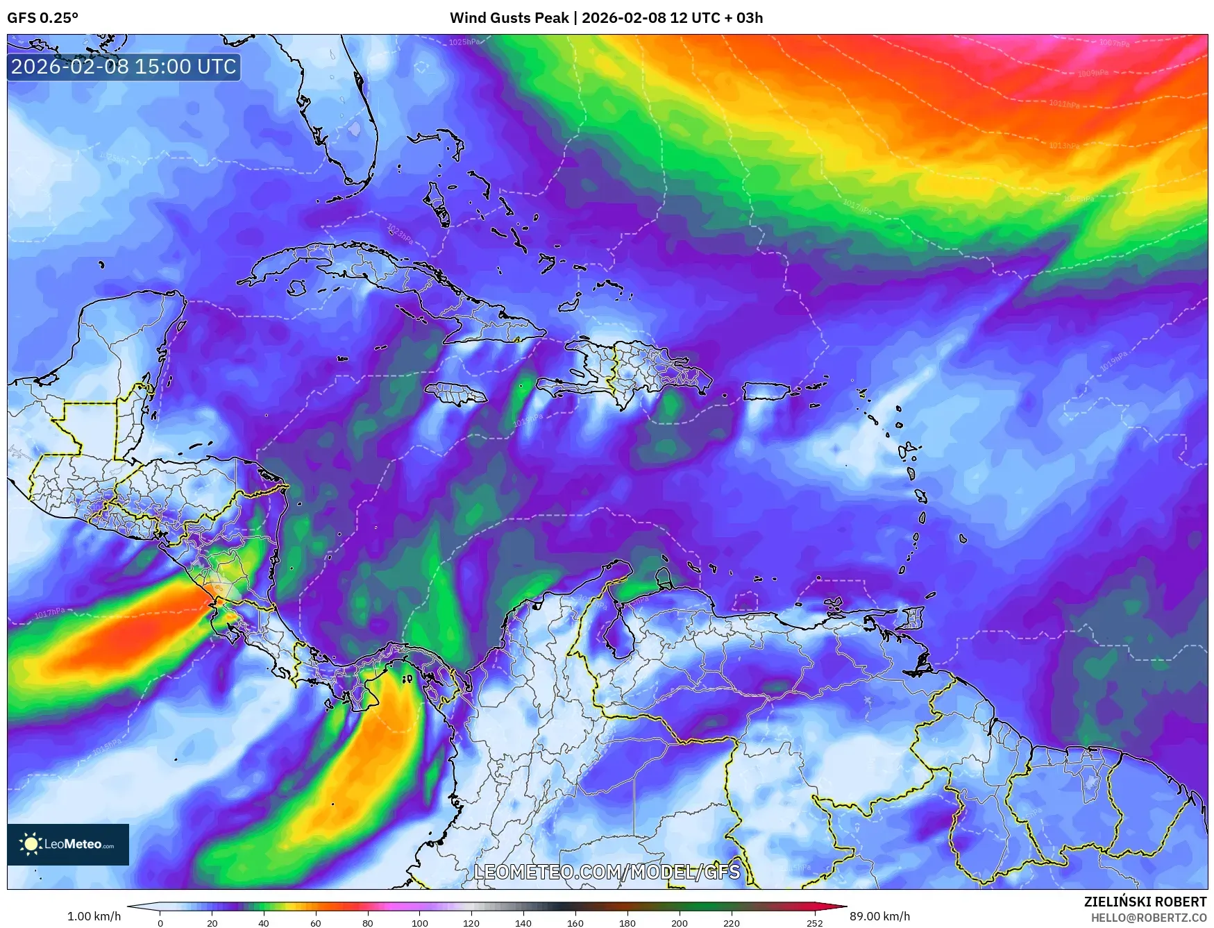 GFS model - Caribbean, Wind Gusts Peak