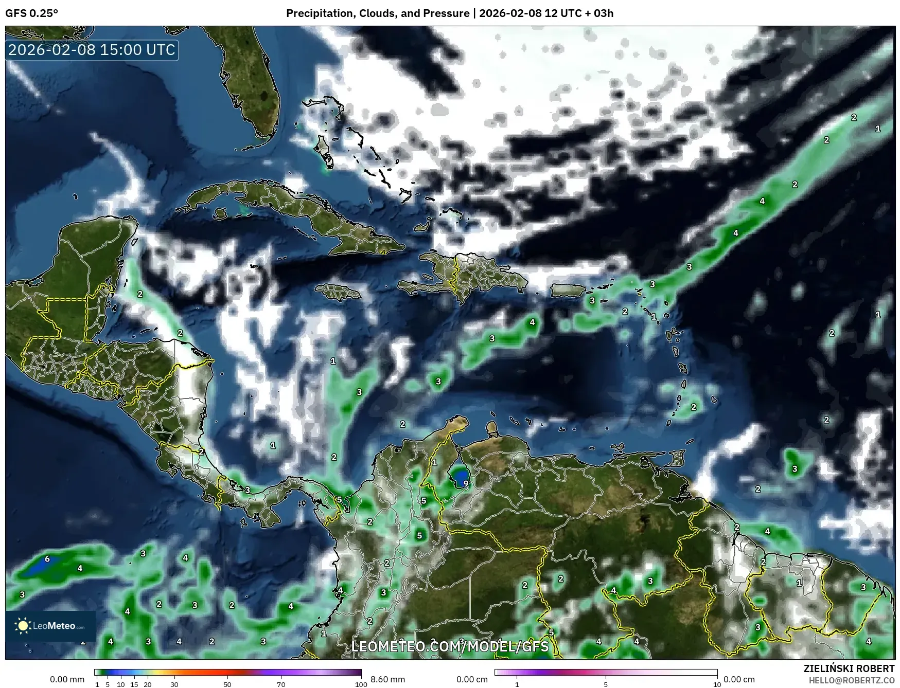 GFS model - Caribbean, Precipitation, Clouds, and Pressure