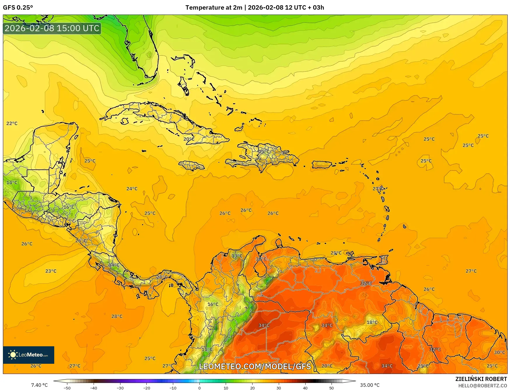 GFS model - Caribbean, Temperature at 2m