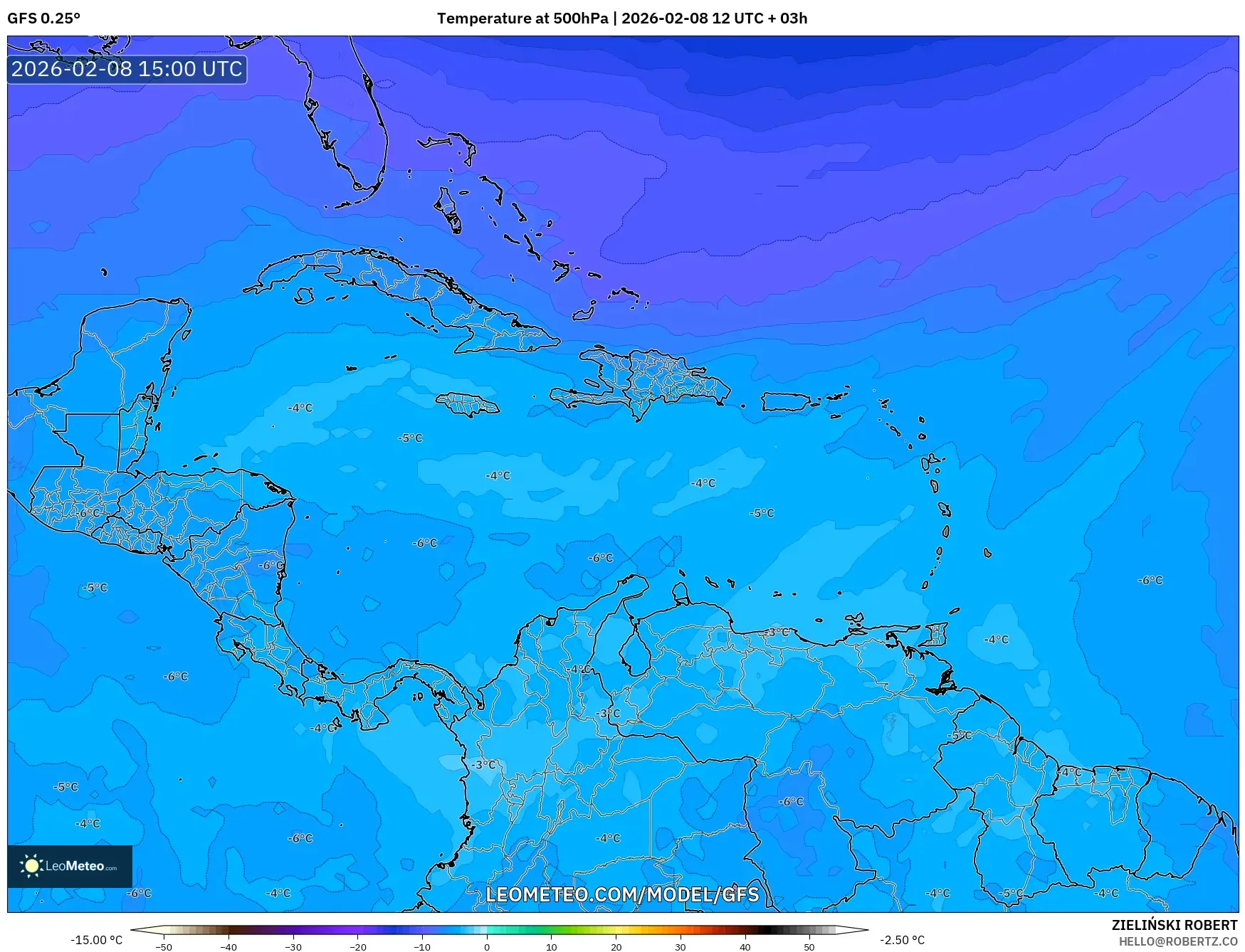 GFS model - Caribbean, Temperature at 500hPa