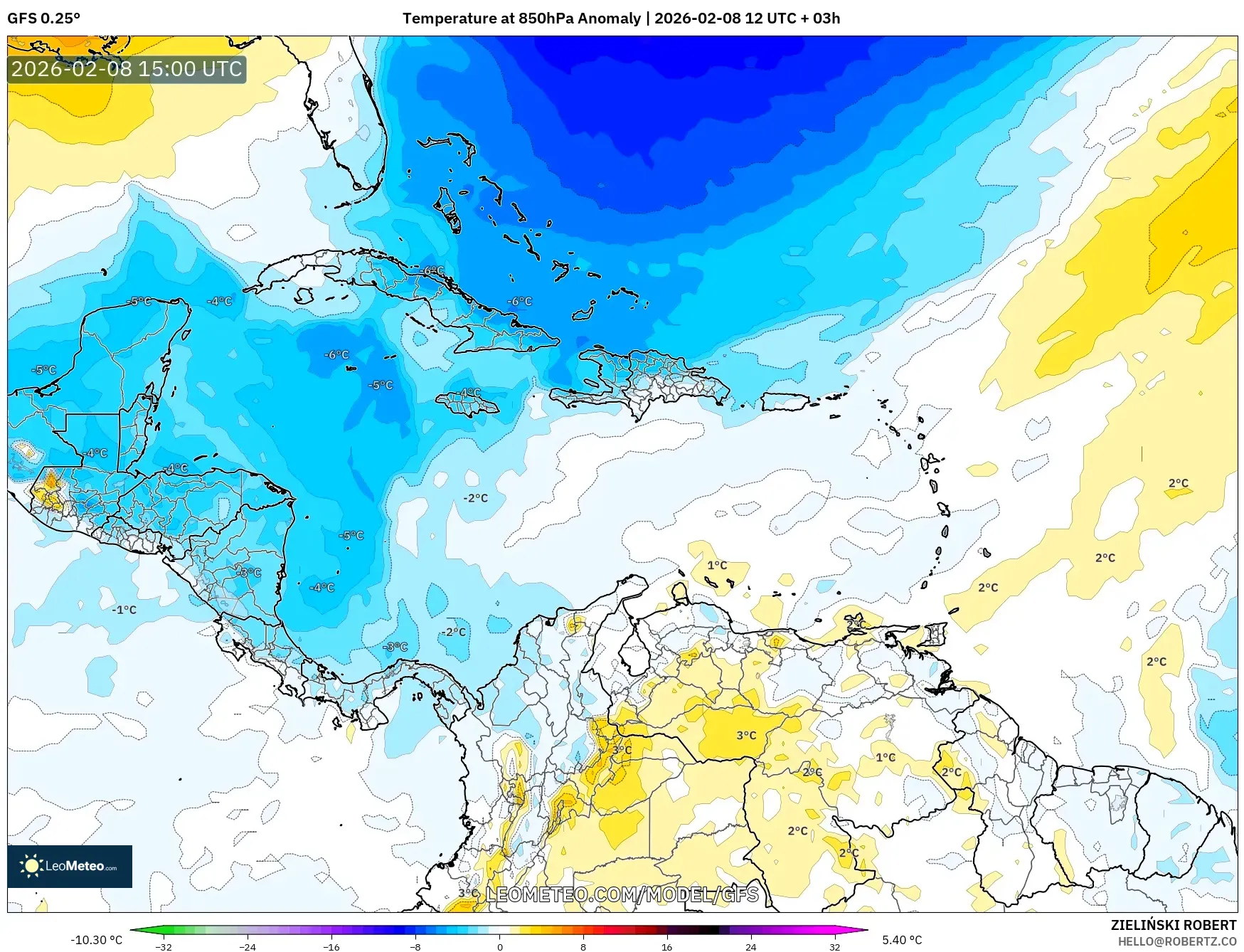 GFS model - Caribbean, Temperature at 850hPa Anomaly