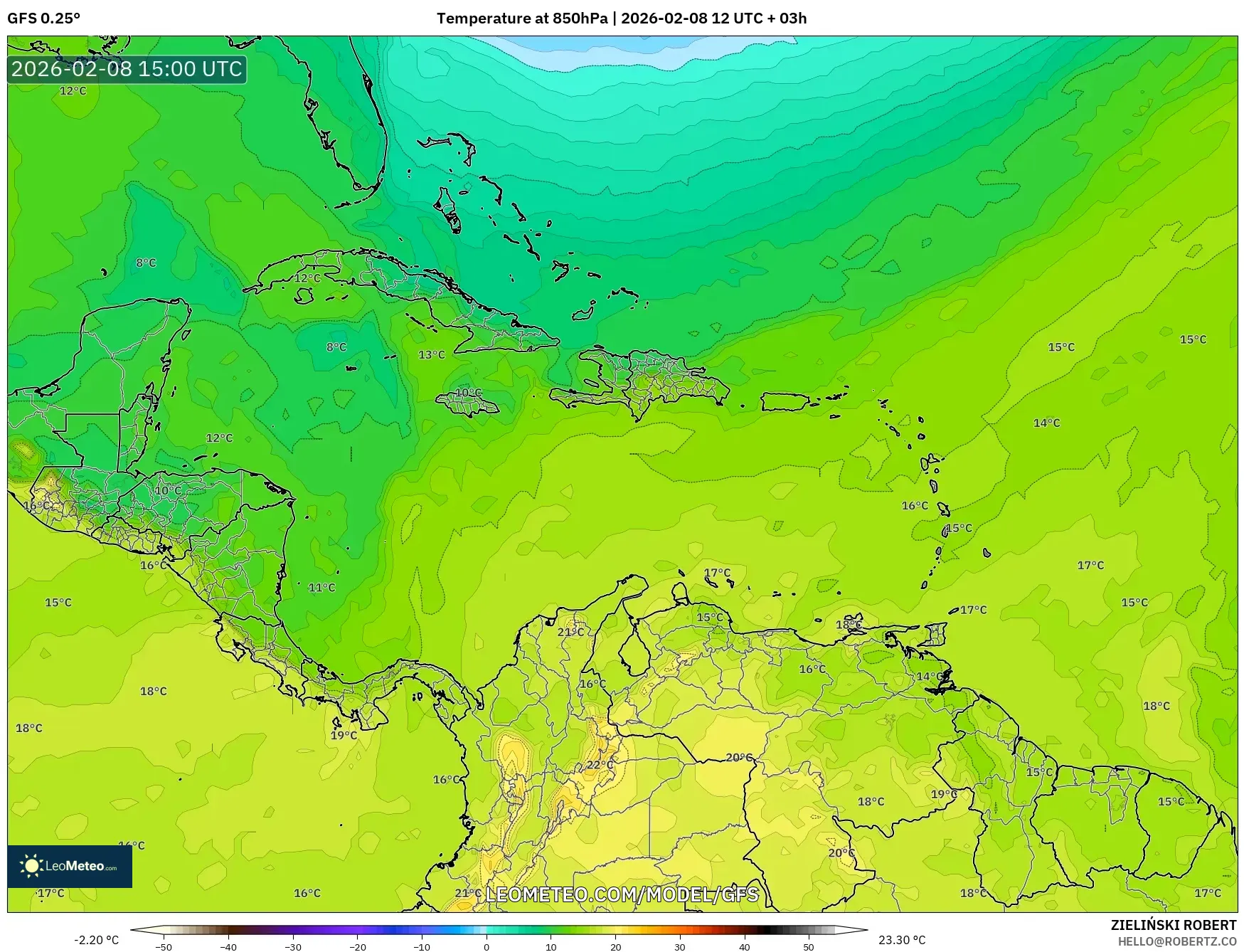 GFS model - Caribbean, Temperature at 850hPa