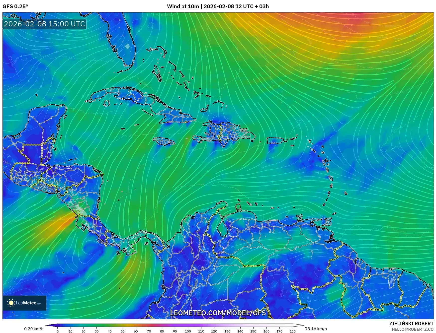 GFS model - Caribbean, Wind at 10m