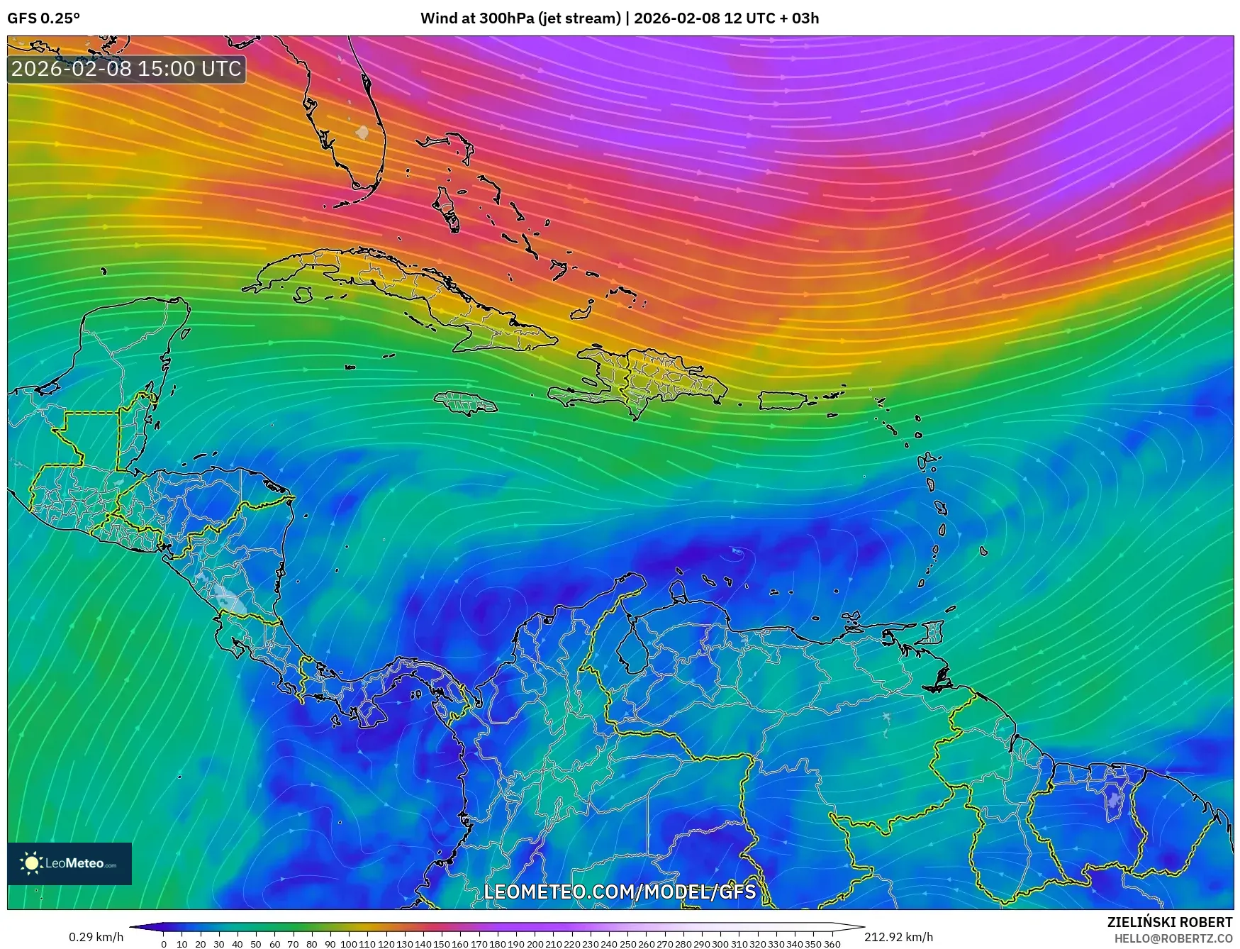 GFS model - Caribbean, Wind at 300hPa (jet stream)