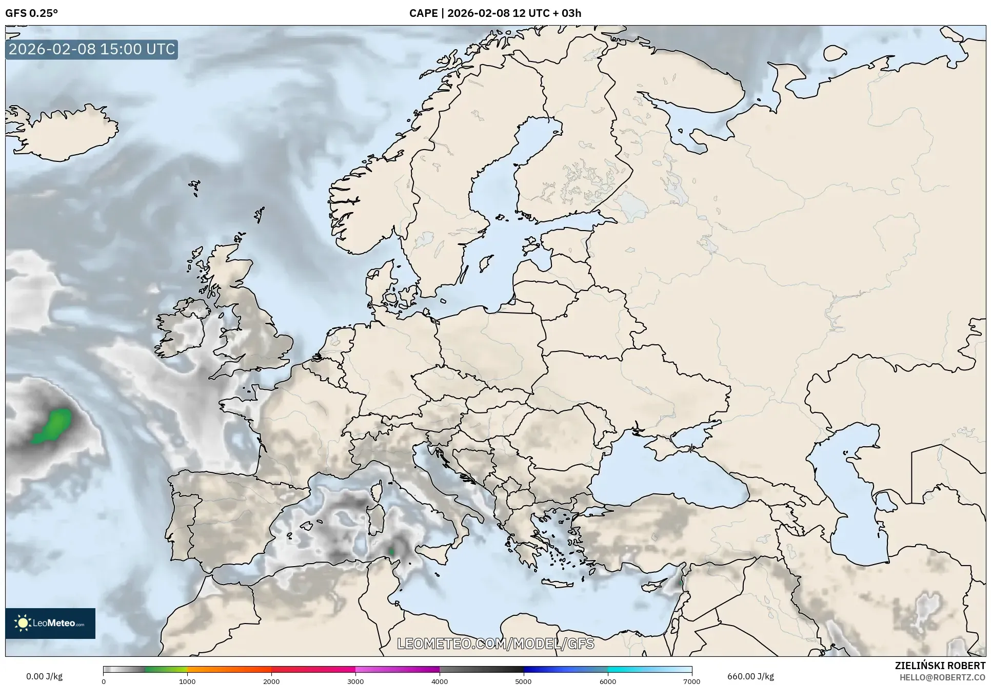 GFS model - Europe, CAPE