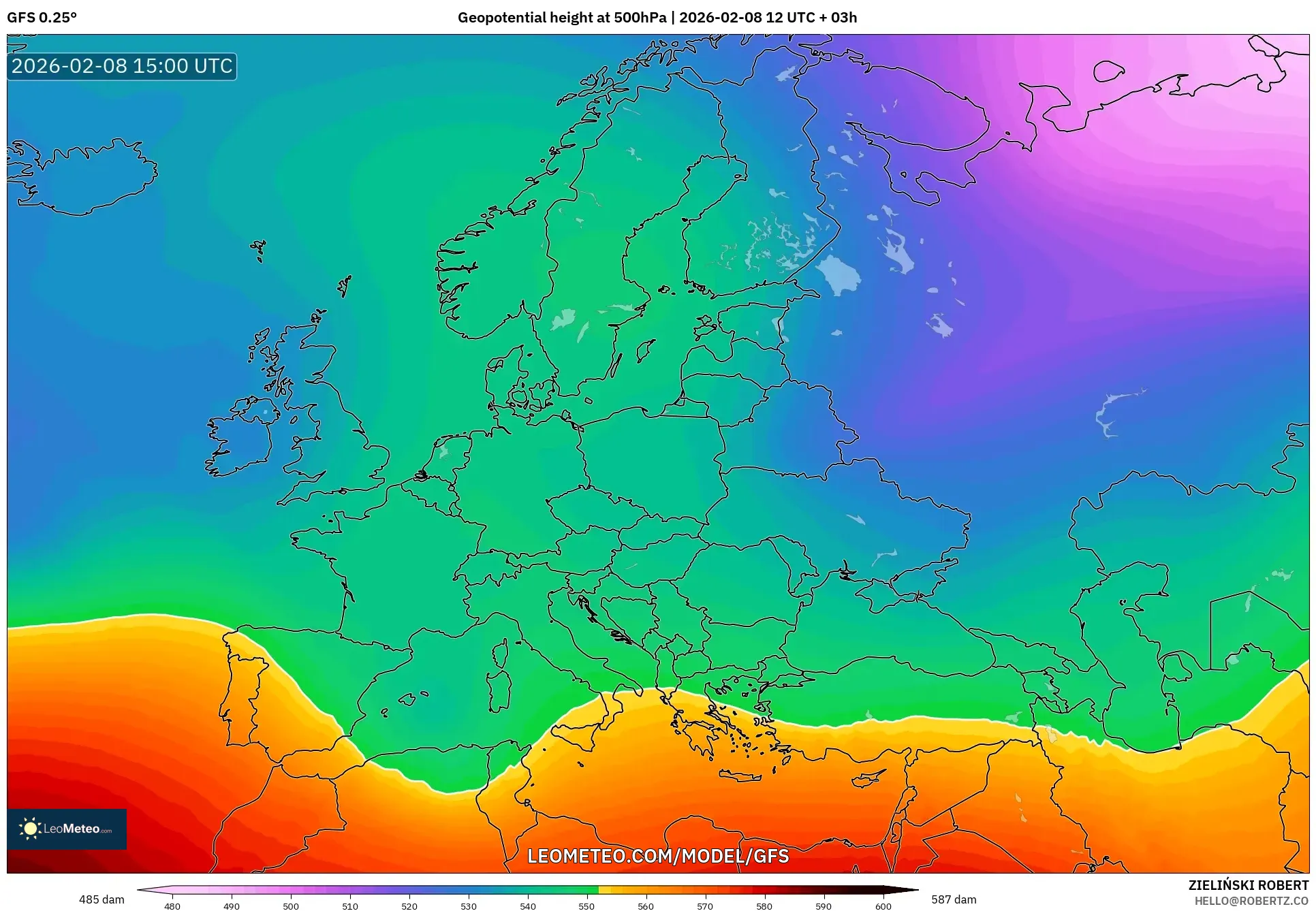 GFS model - Europe, Geopotential height at 500hPa