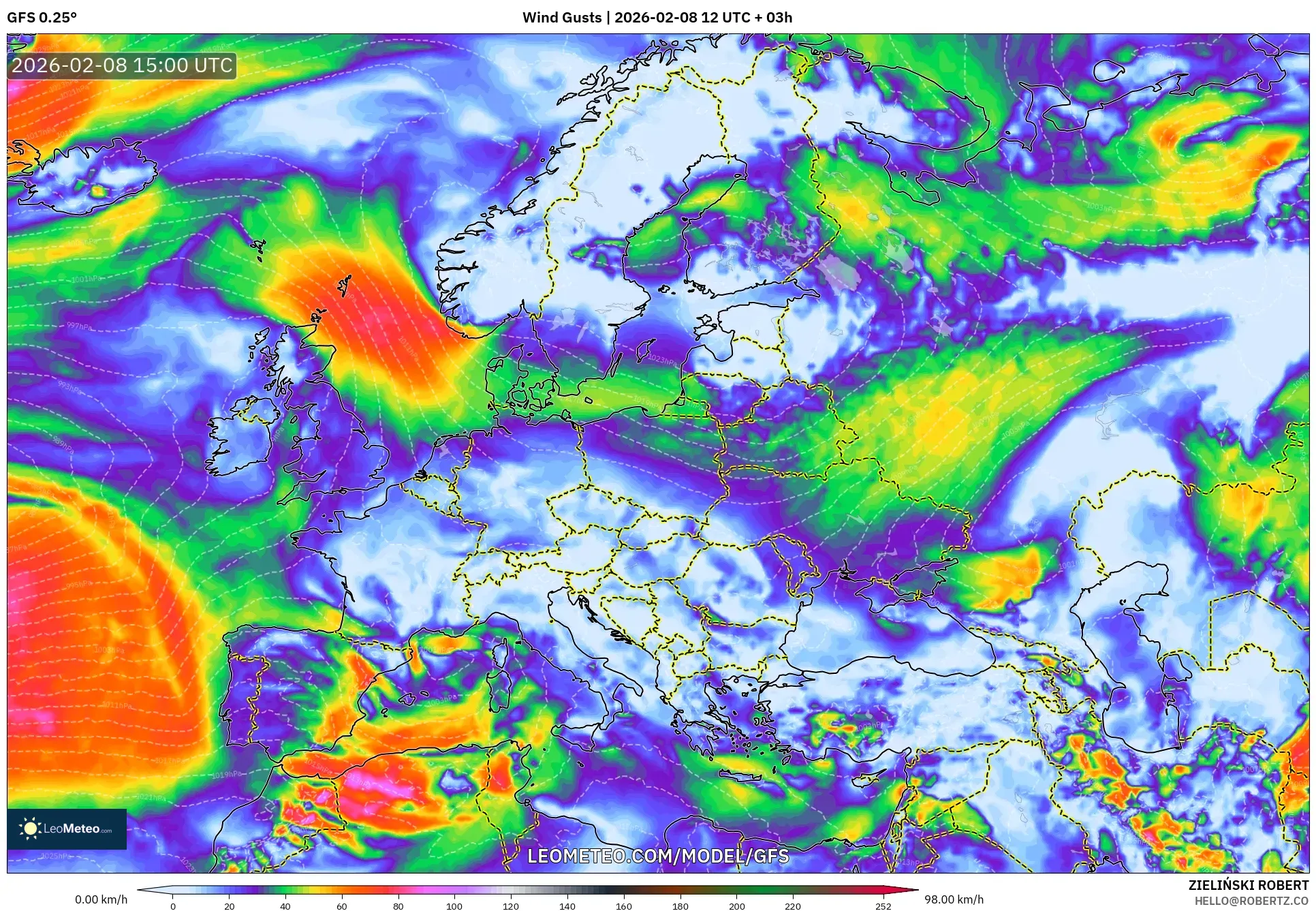 GFS model - Europe, Wind Gusts