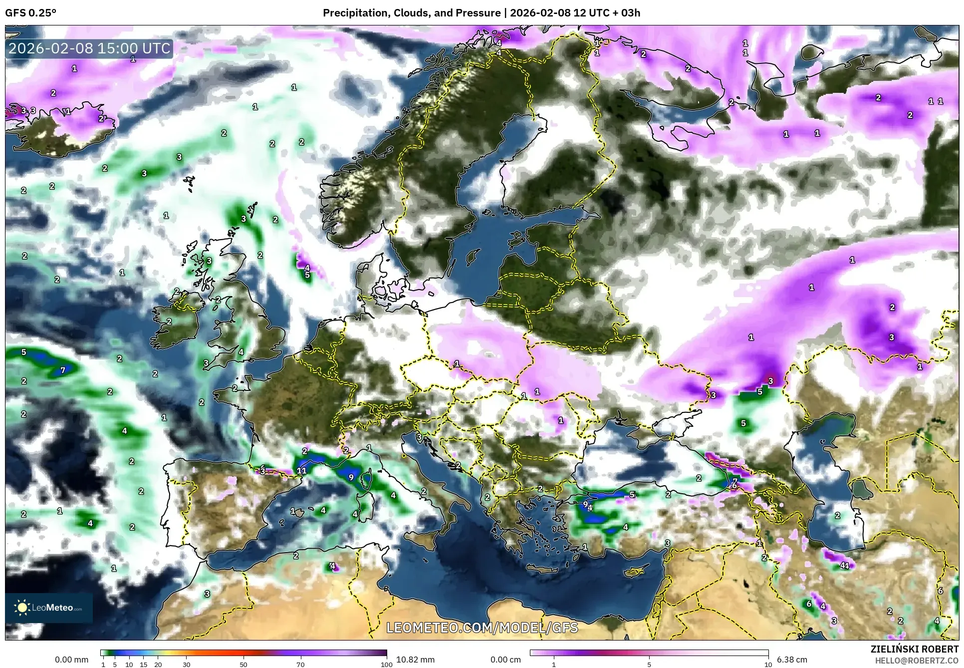 GFS model - Europe, Precipitation, Clouds, and Pressure