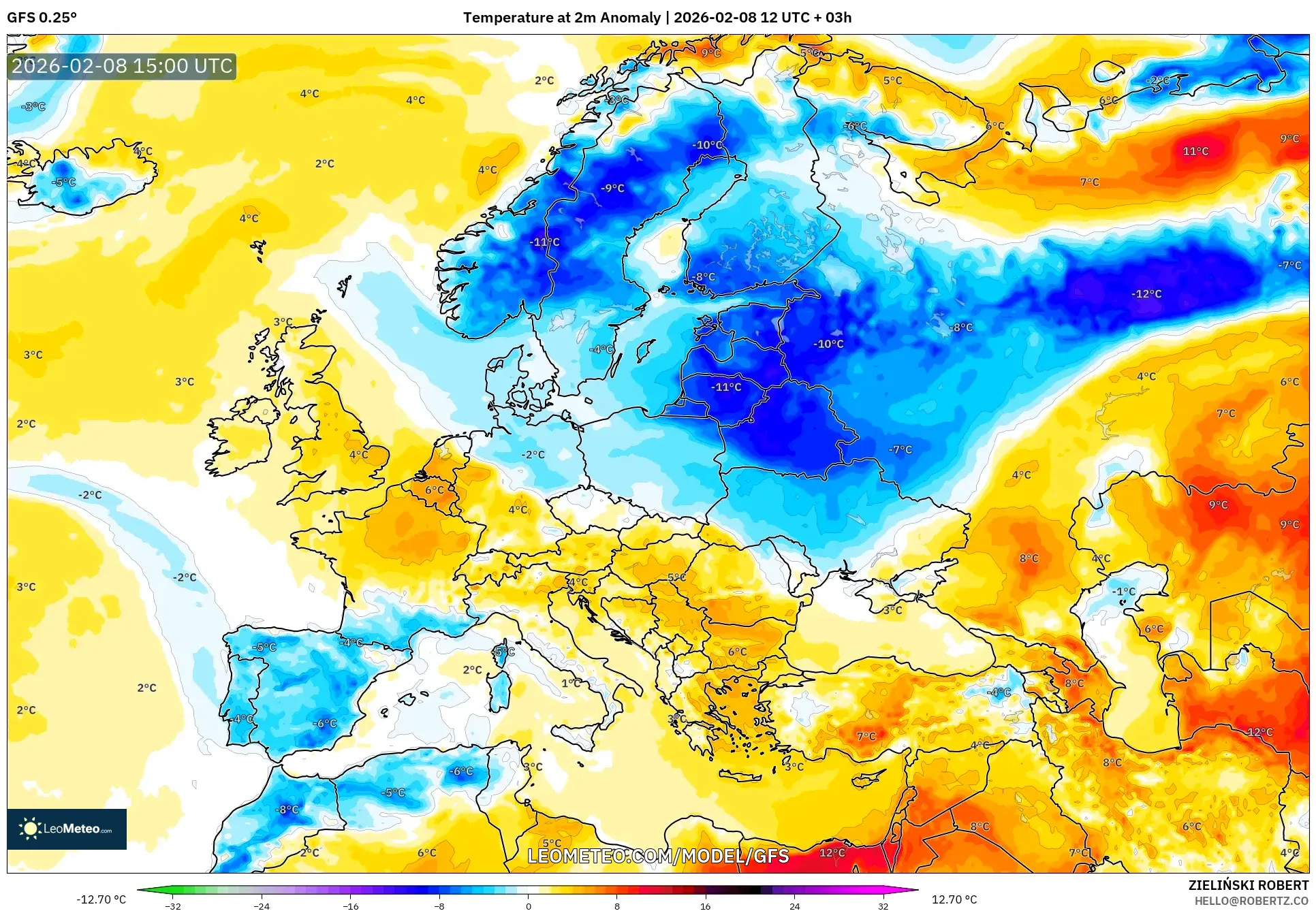 GFS model - Europe, Temperature at 2m Anomaly