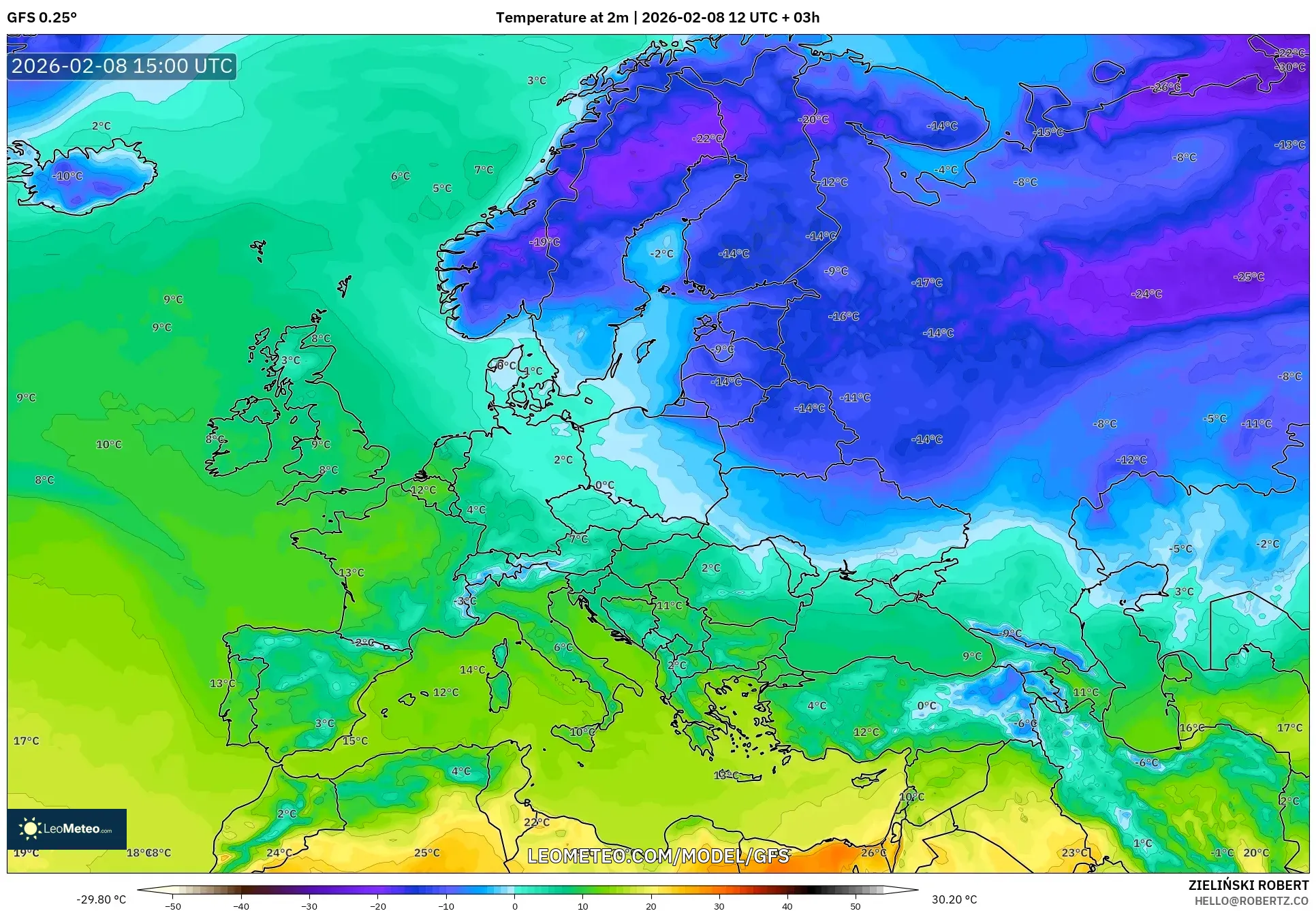 GFS model - Europe, Temperature at 2m