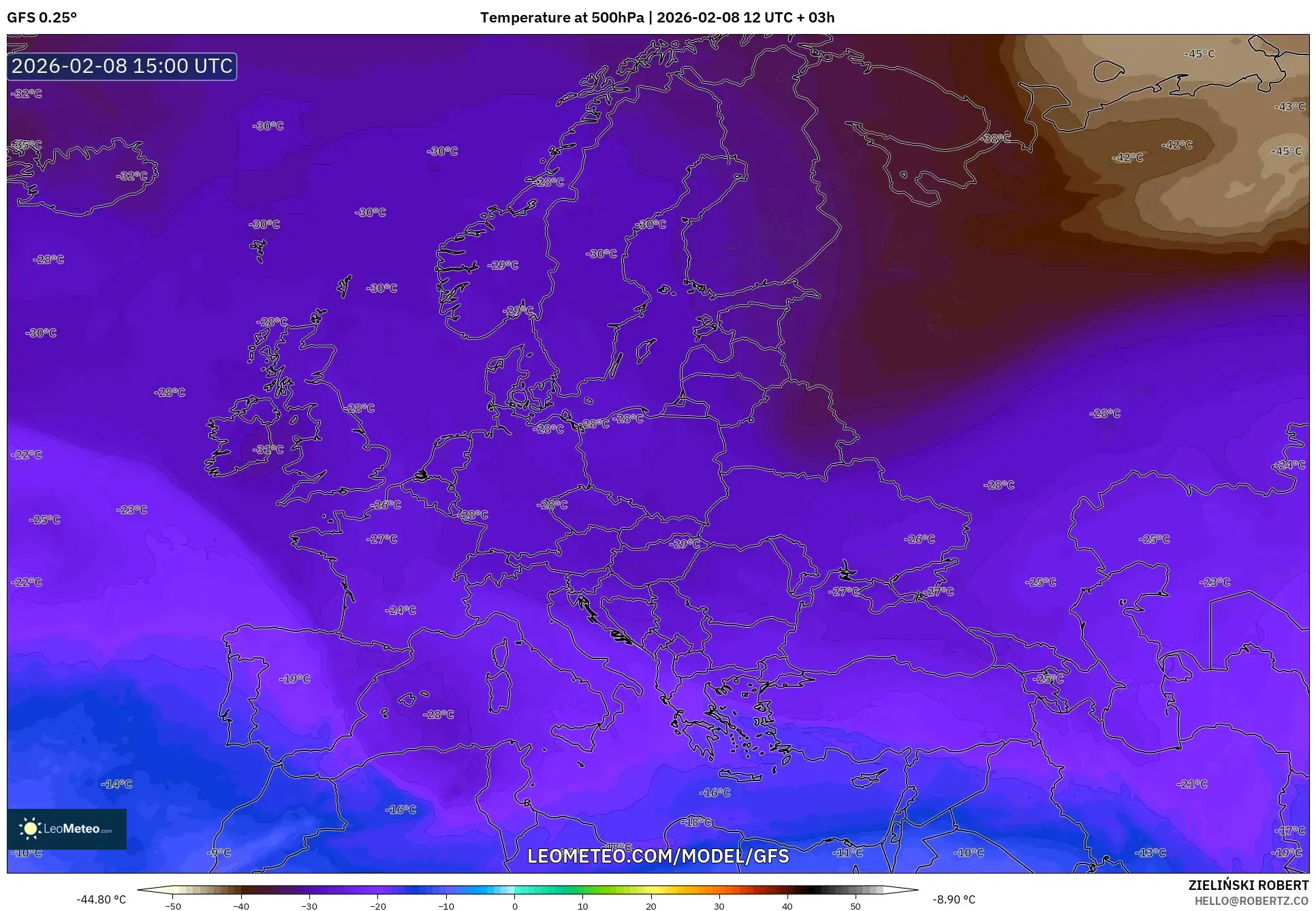 GFS model - Eropa, Suhu 500 hPa