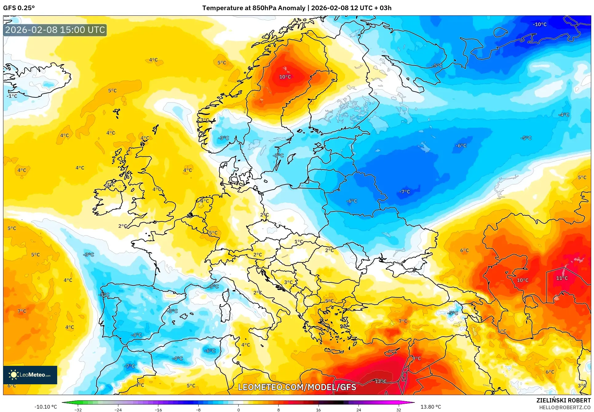 GFS model - Europe, Temperature at 850hPa Anomaly