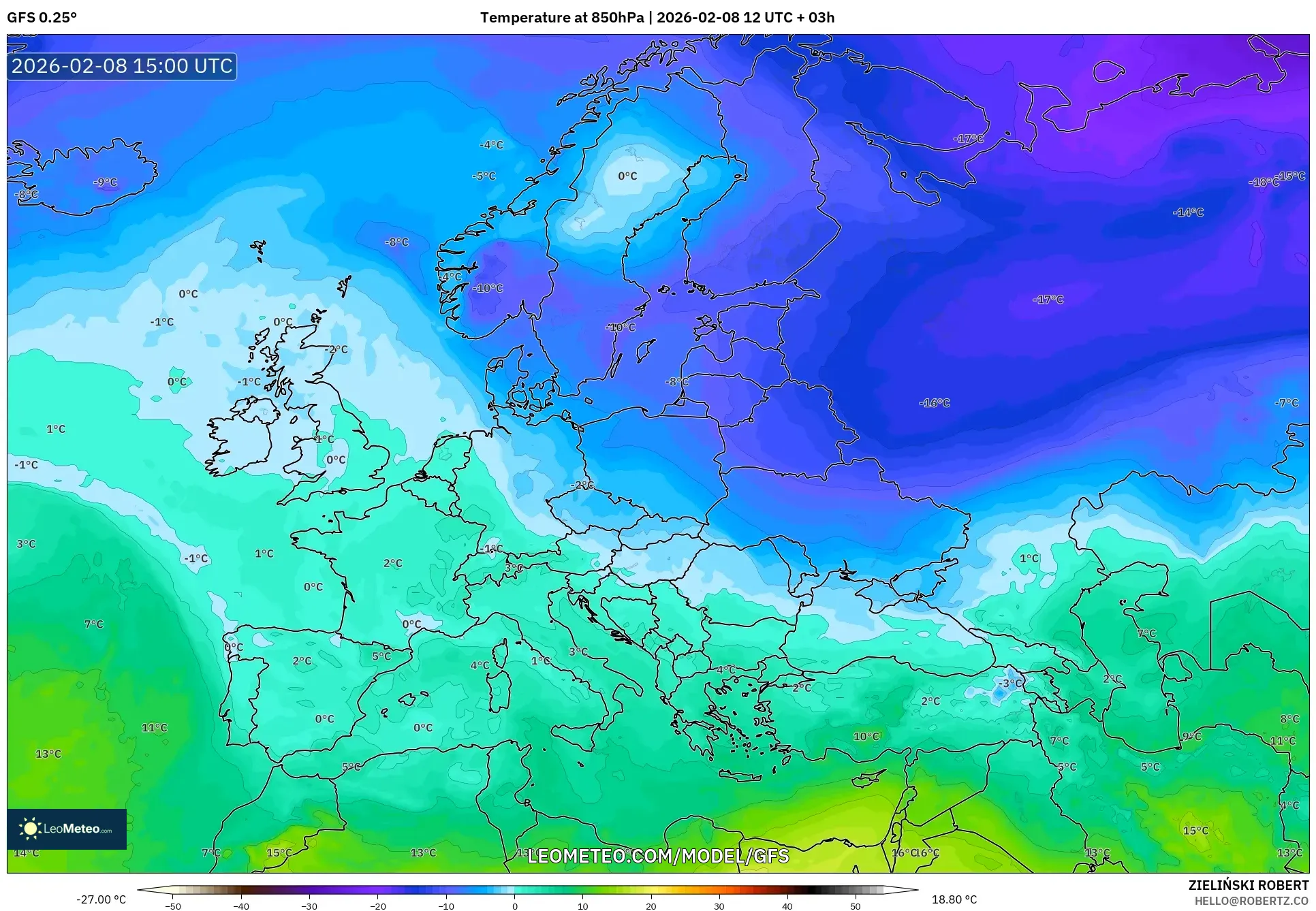 GFS model - Europe, Temperature at 850hPa