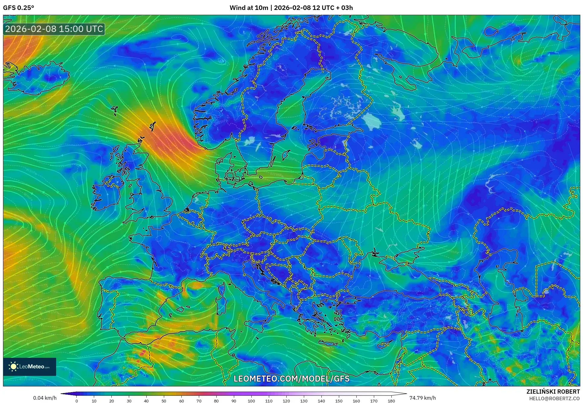 GFS model - Europe, Wind at 10m