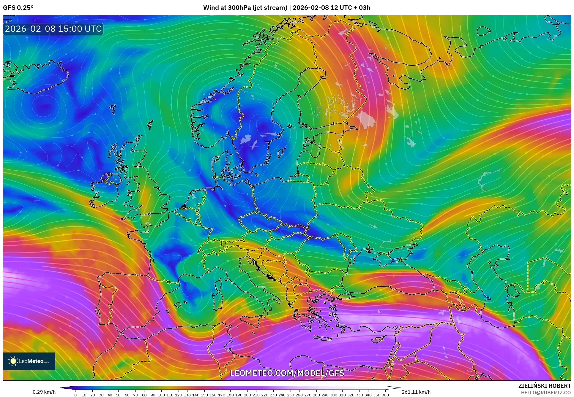 GFS model - Eropa, Angin 300 hPa (aliran jet)