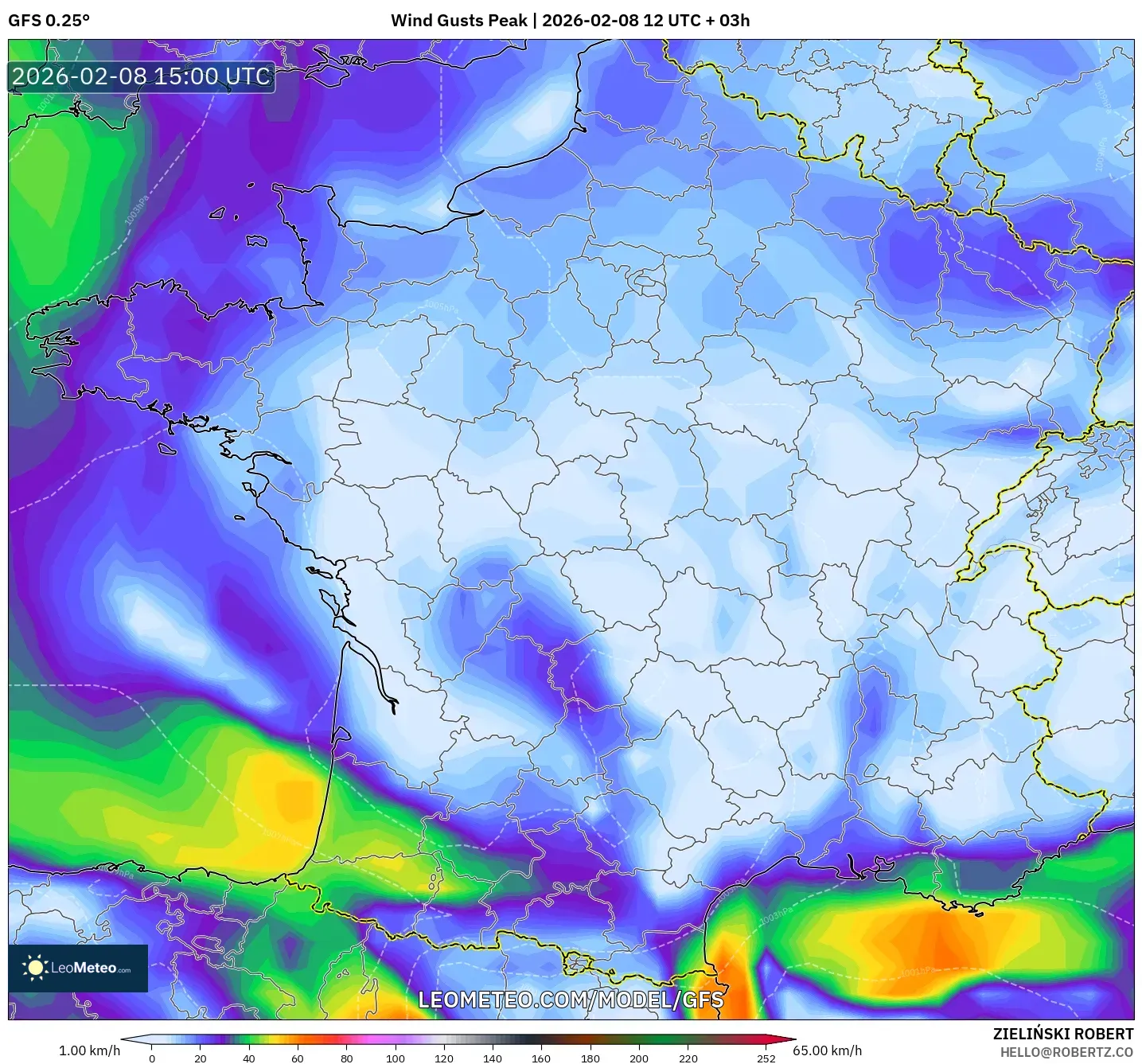 GFS model - France, Wind Gusts Peak