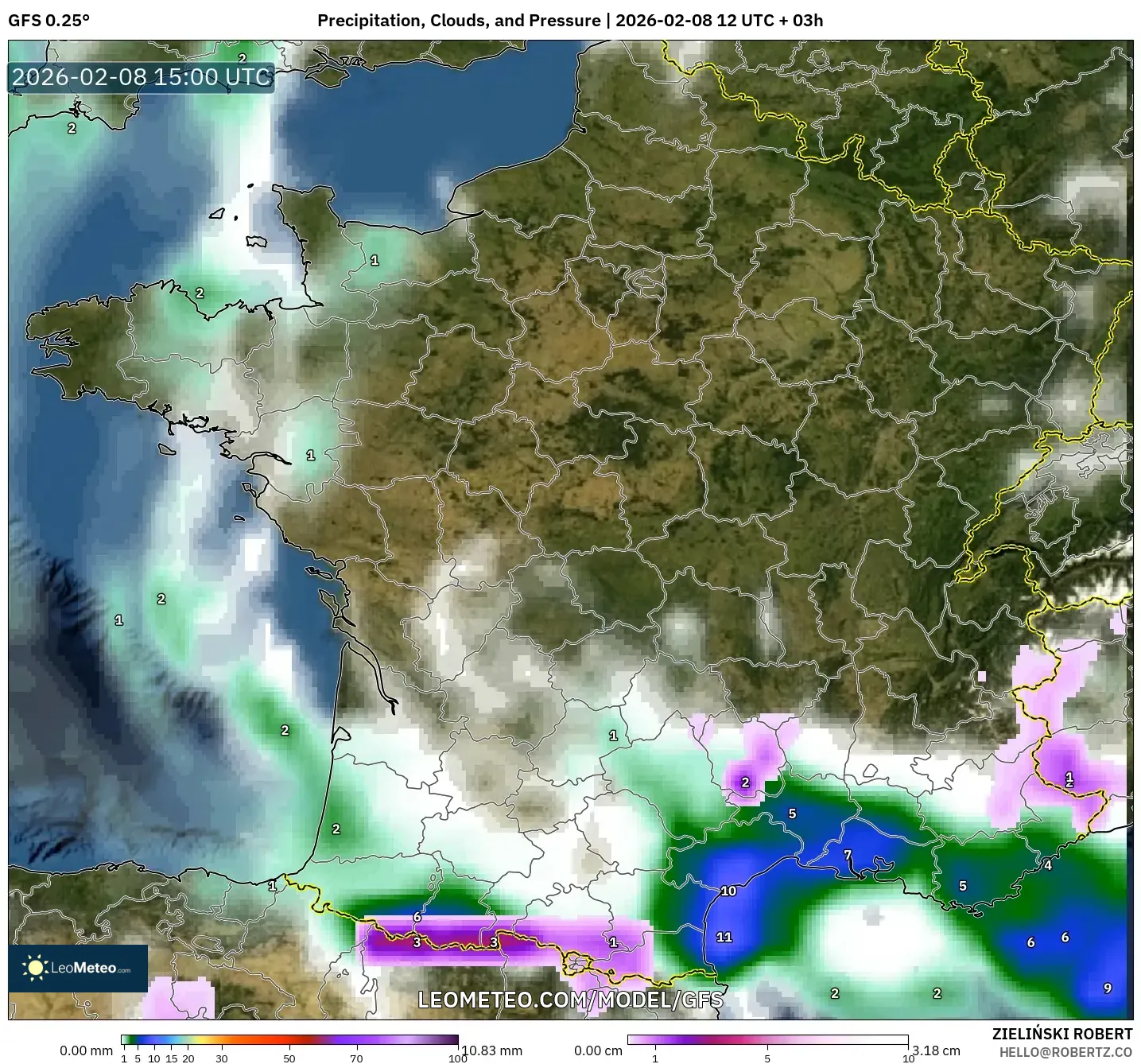 GFS model - France, Precipitation, Clouds, and Pressure