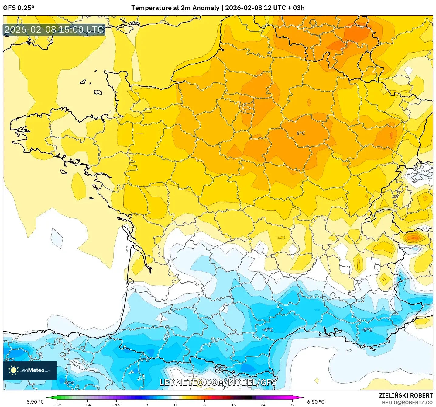 GFS model - France, Temperature at 2m Anomaly