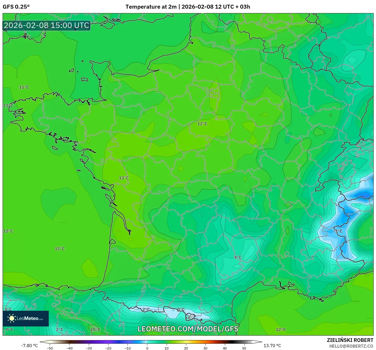 GFS model - Prancis, Suhu 2 m