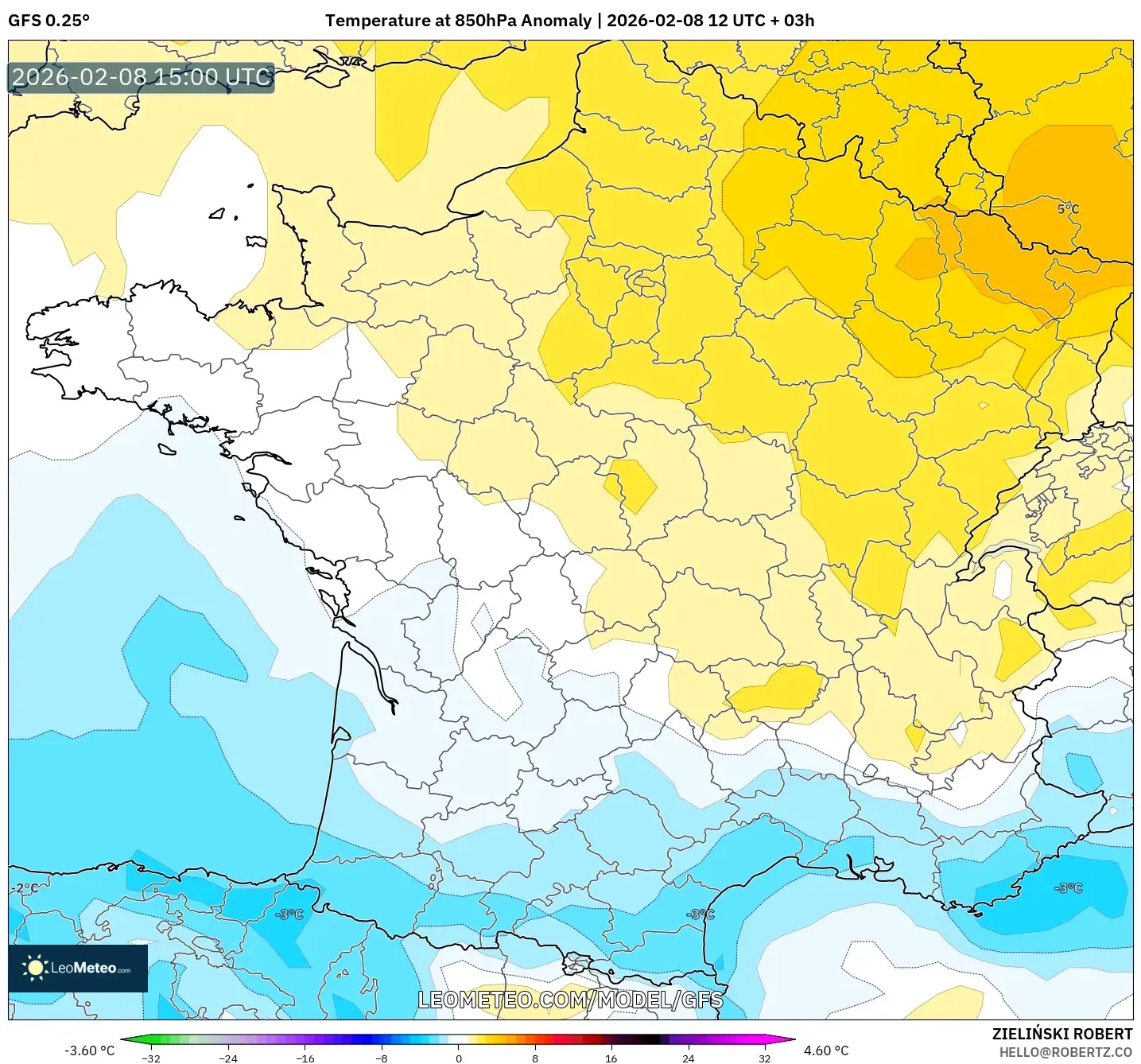 GFS model - France, Temperature at 850hPa Anomaly
