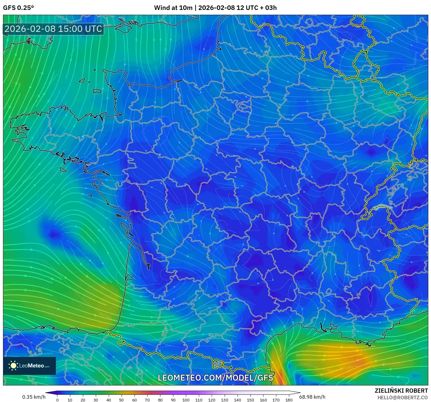 GFS model - France, Wind at 10m