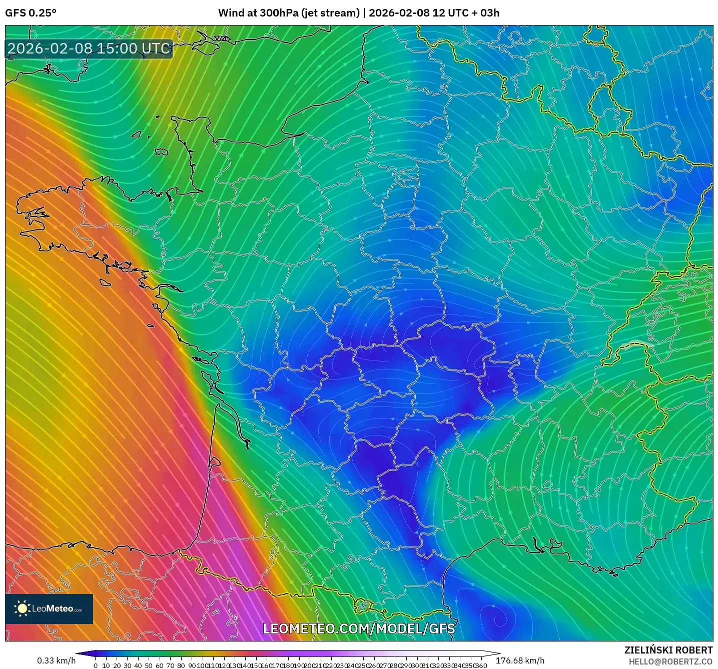 GFS model - France, Wind at 300hPa (jet stream)