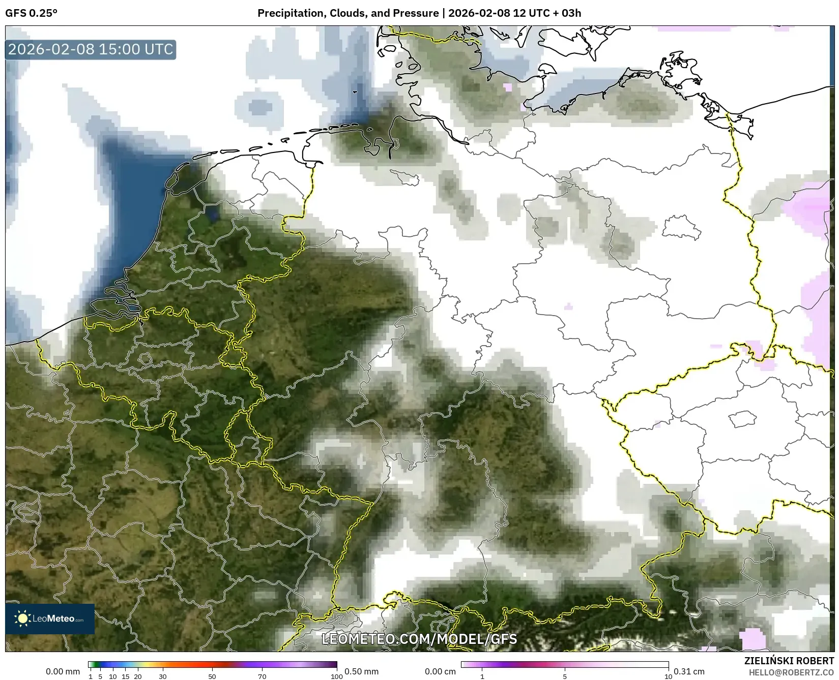 GFS model - Germany, Precipitation, Clouds, and Pressure