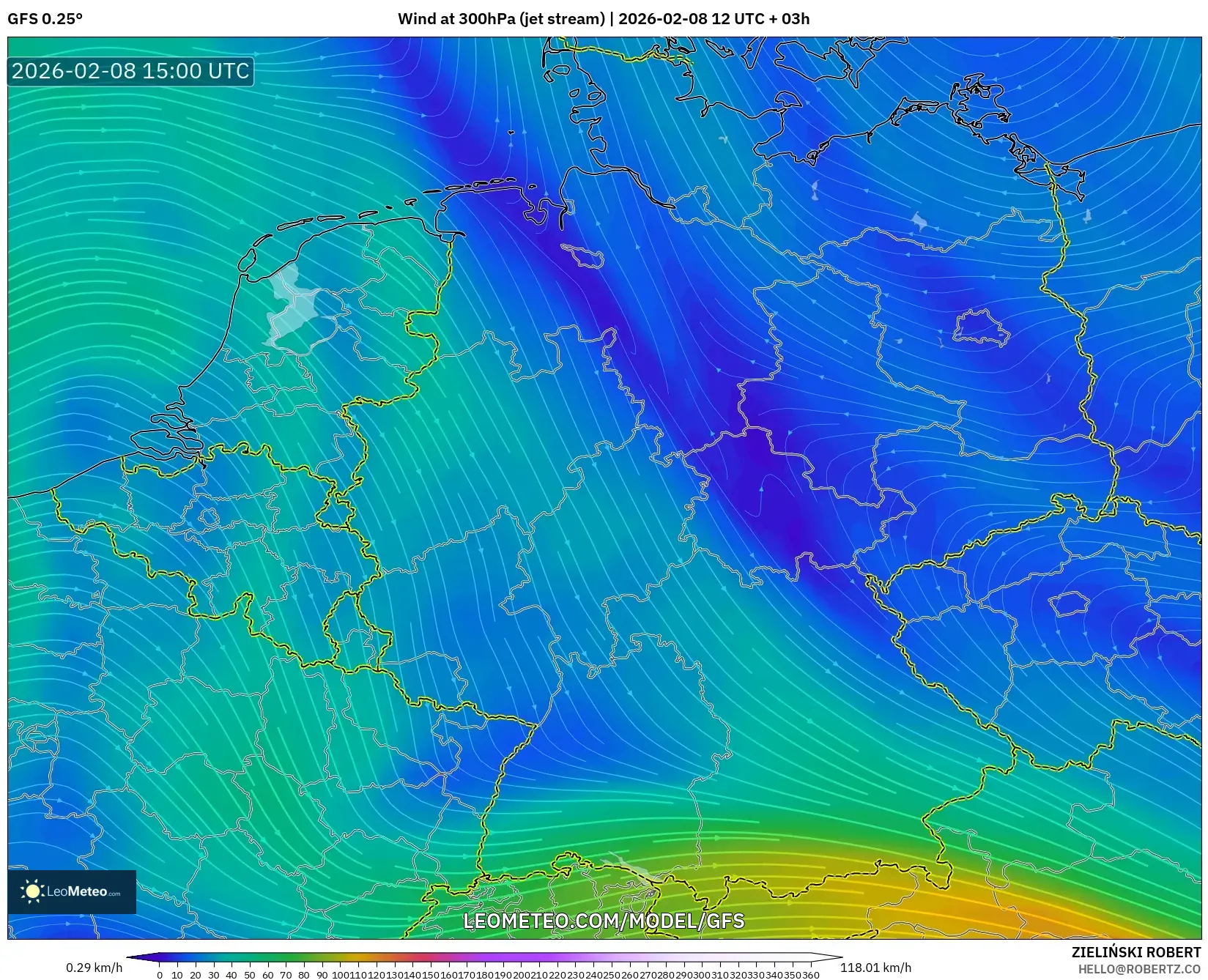GFS model - Germany, Wind at 300hPa (jet stream)