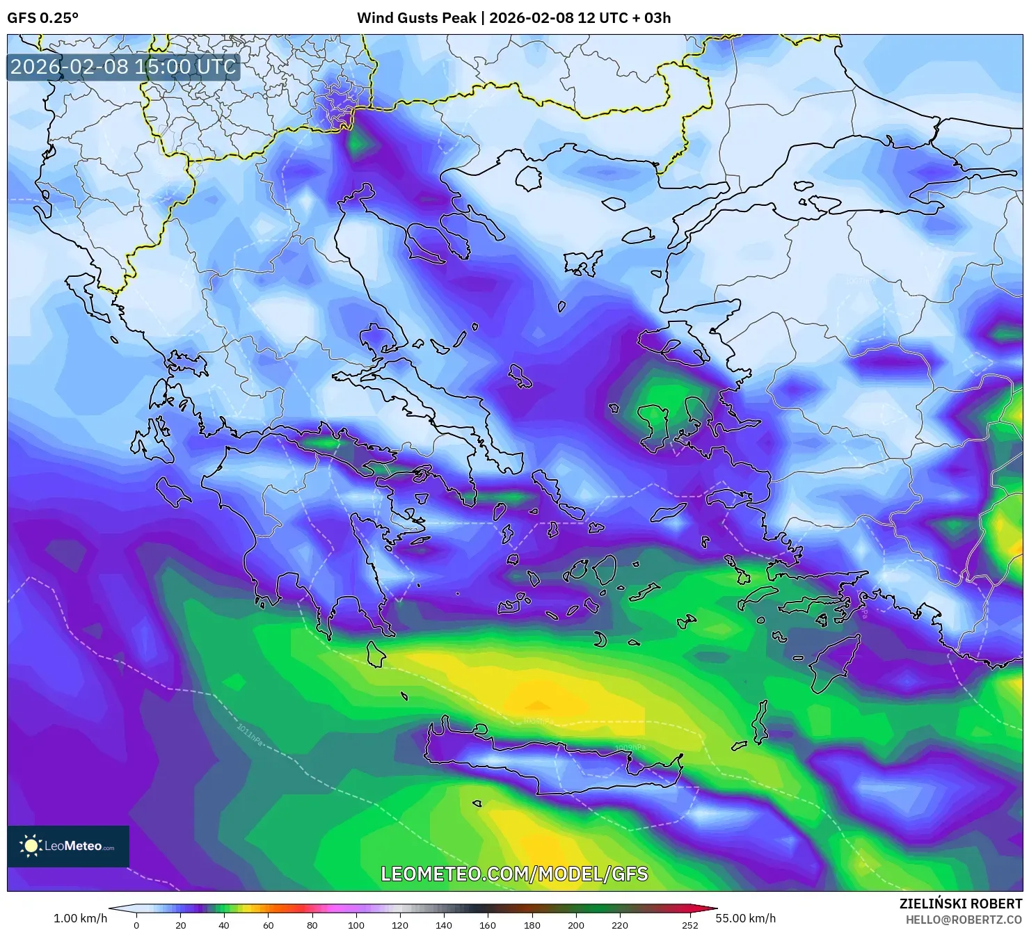 GFS model - Greece, Wind Gusts Peak