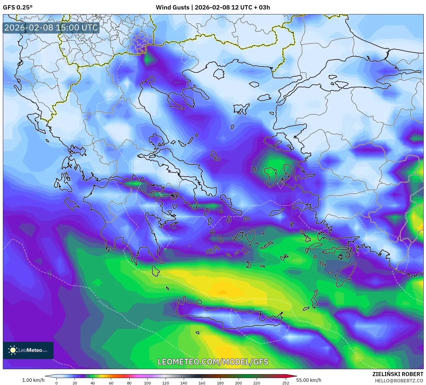GFS model - Greece, Wind Gusts